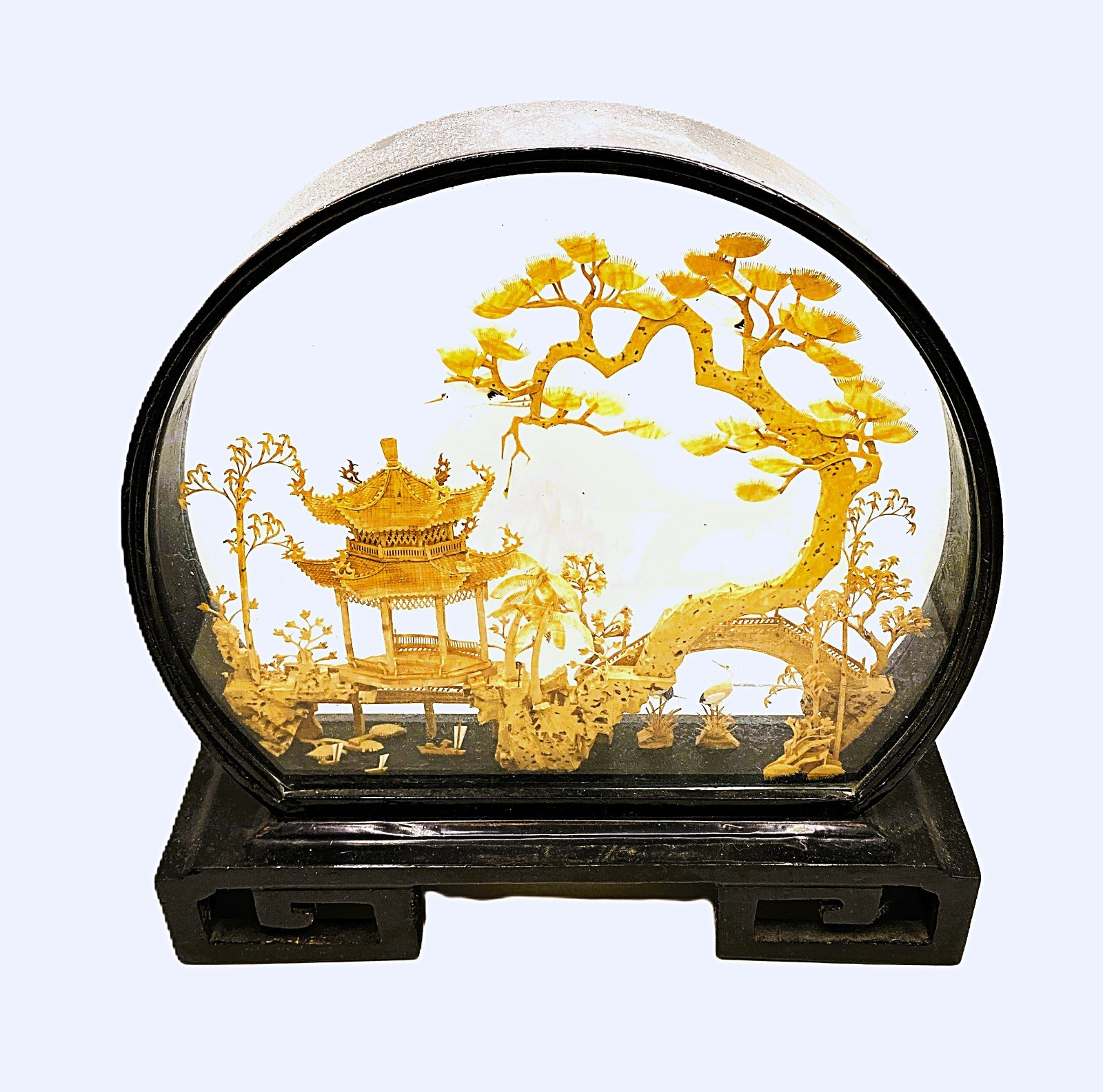 Vintage Chinese Cork Art Carving Diorama Pagoda Landscape Black Frame