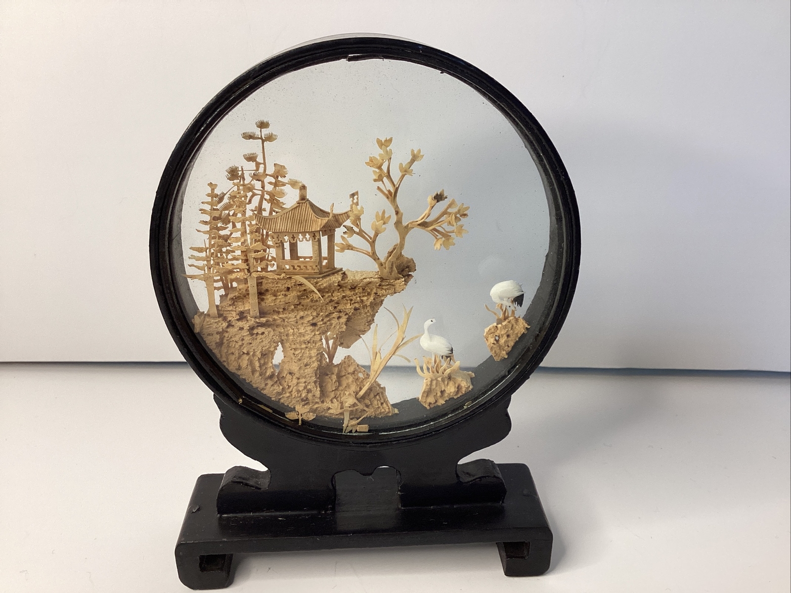 Vintage Hand Carved Cork Wood Diorama Under Glass Pagoda Cranes 4”