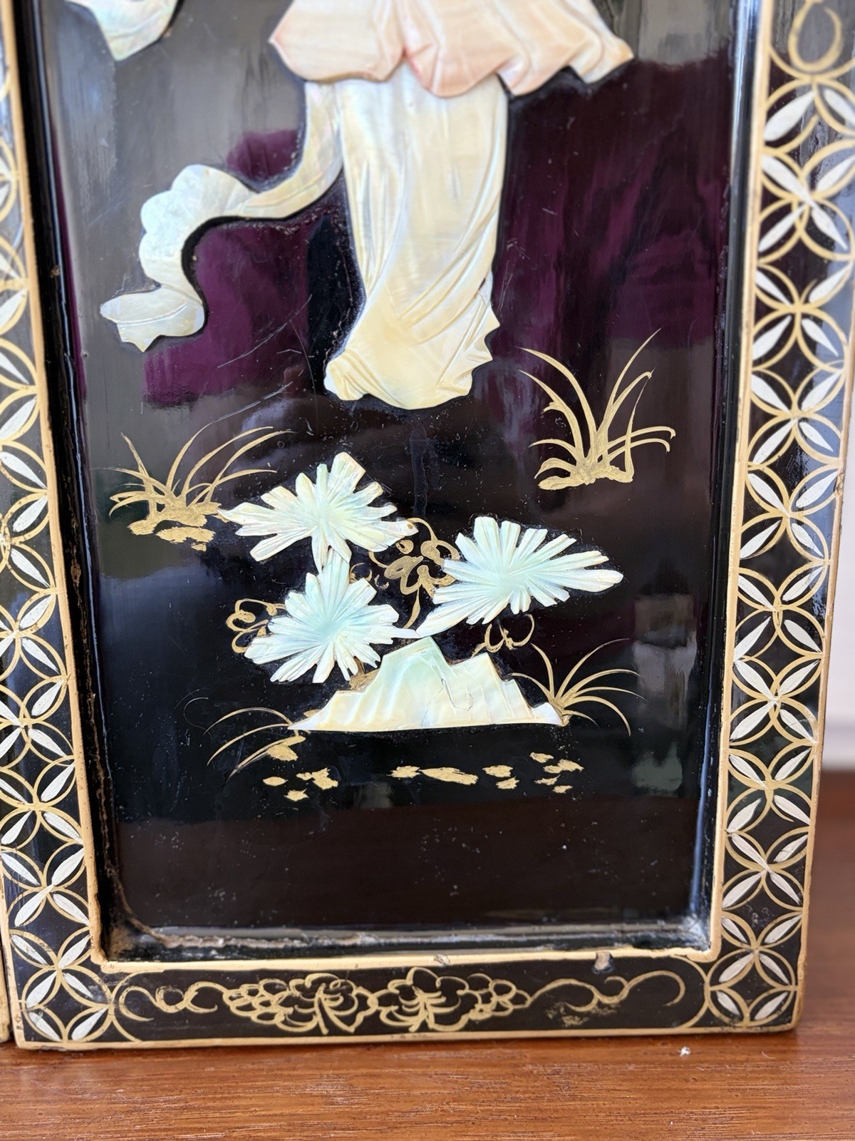 2 Vintage Asian Mother Of Pearl Inlay Black Lacquer Wooden Wall Panels