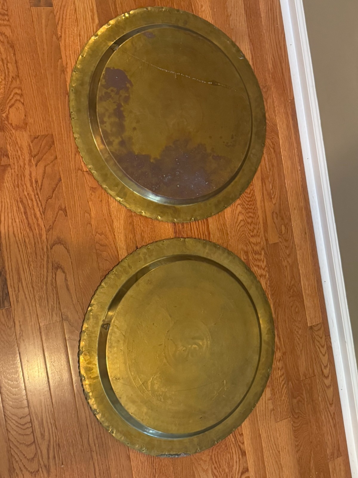 2 Vintage Chinese Heavy Tooled Motif Round Brass Tray 24″ w/ Raised Riveted edge