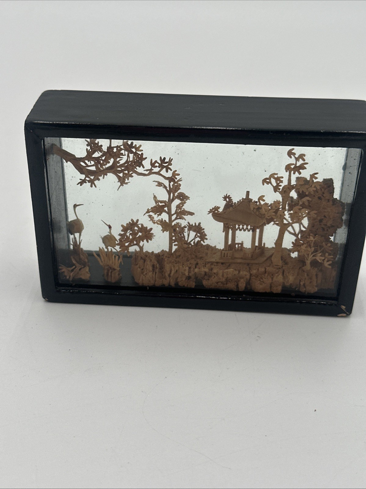 Vintage Chinese Cork Art Shadow Box Pagoda Cranes Scenic Diorama Framed C Detail