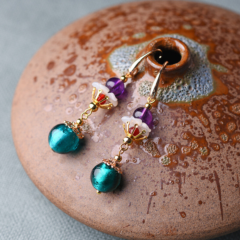 China Coloured Glaze/Purple Crystal/Shell Flower Tibetan Style Earbob Earrings