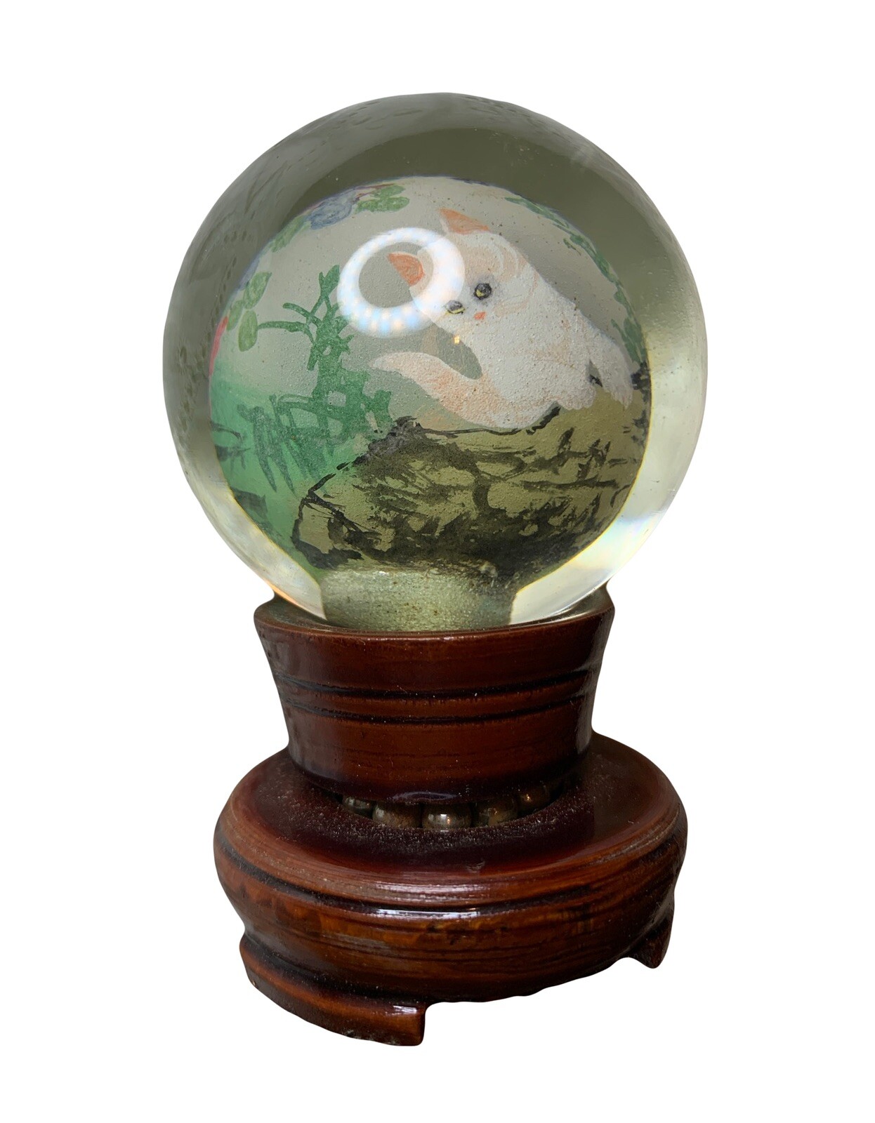 Vintage Chinese Hand Painted Reverse Art Glass Globe Cat With Stand And Box