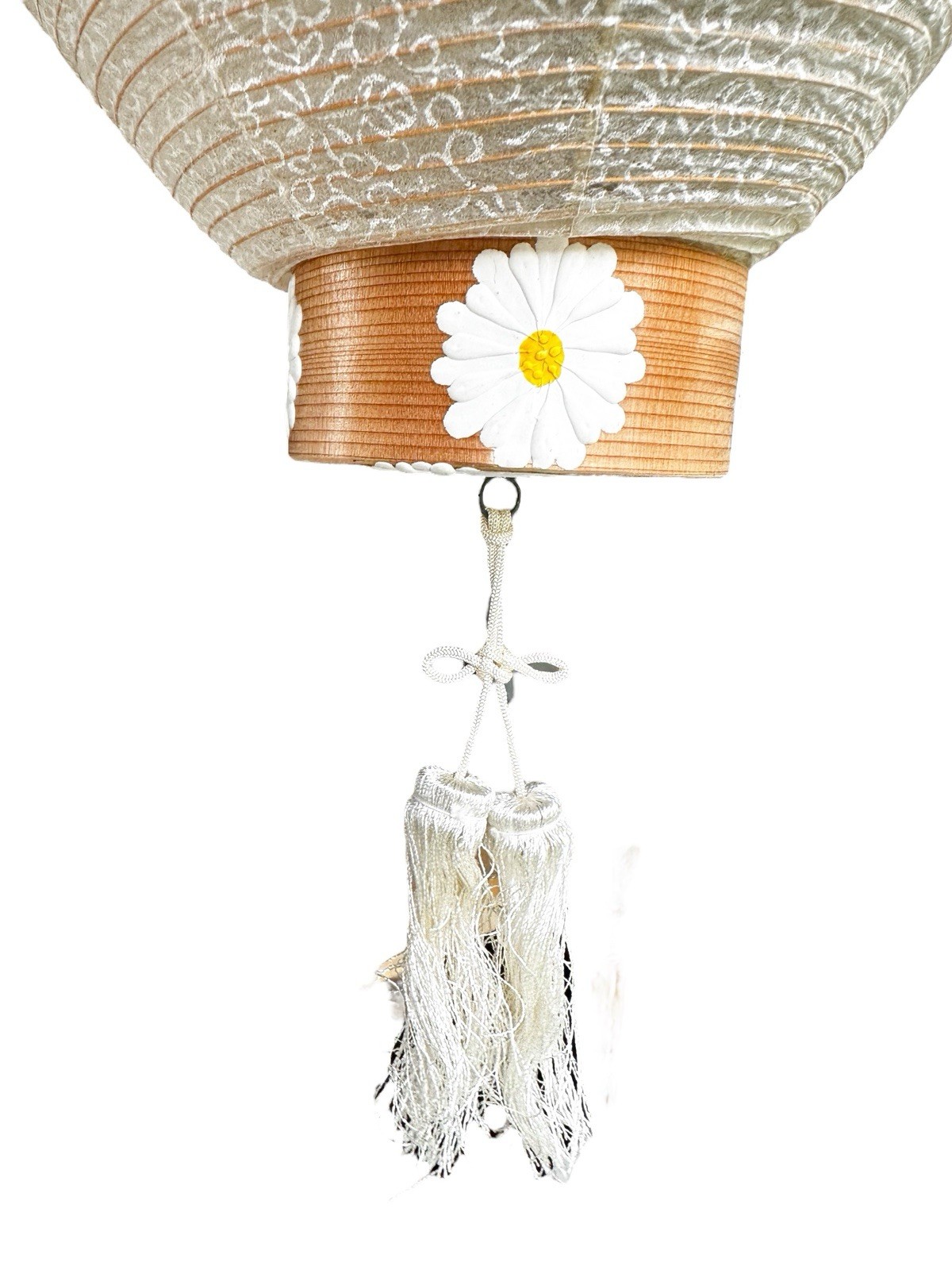Vintage Chinese Paper Lantern White Daisy Floral Tassels Large Neutral