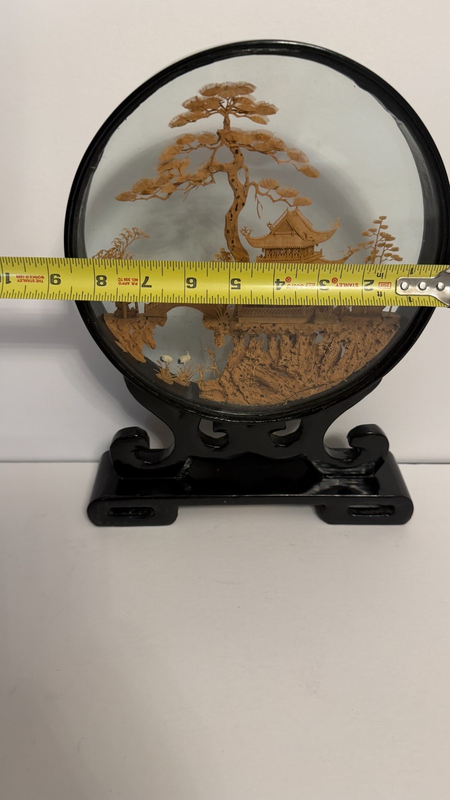 Vintage Asian Hand Carved Cork Paper Art Diorama Black Lacquer Stand Cranes