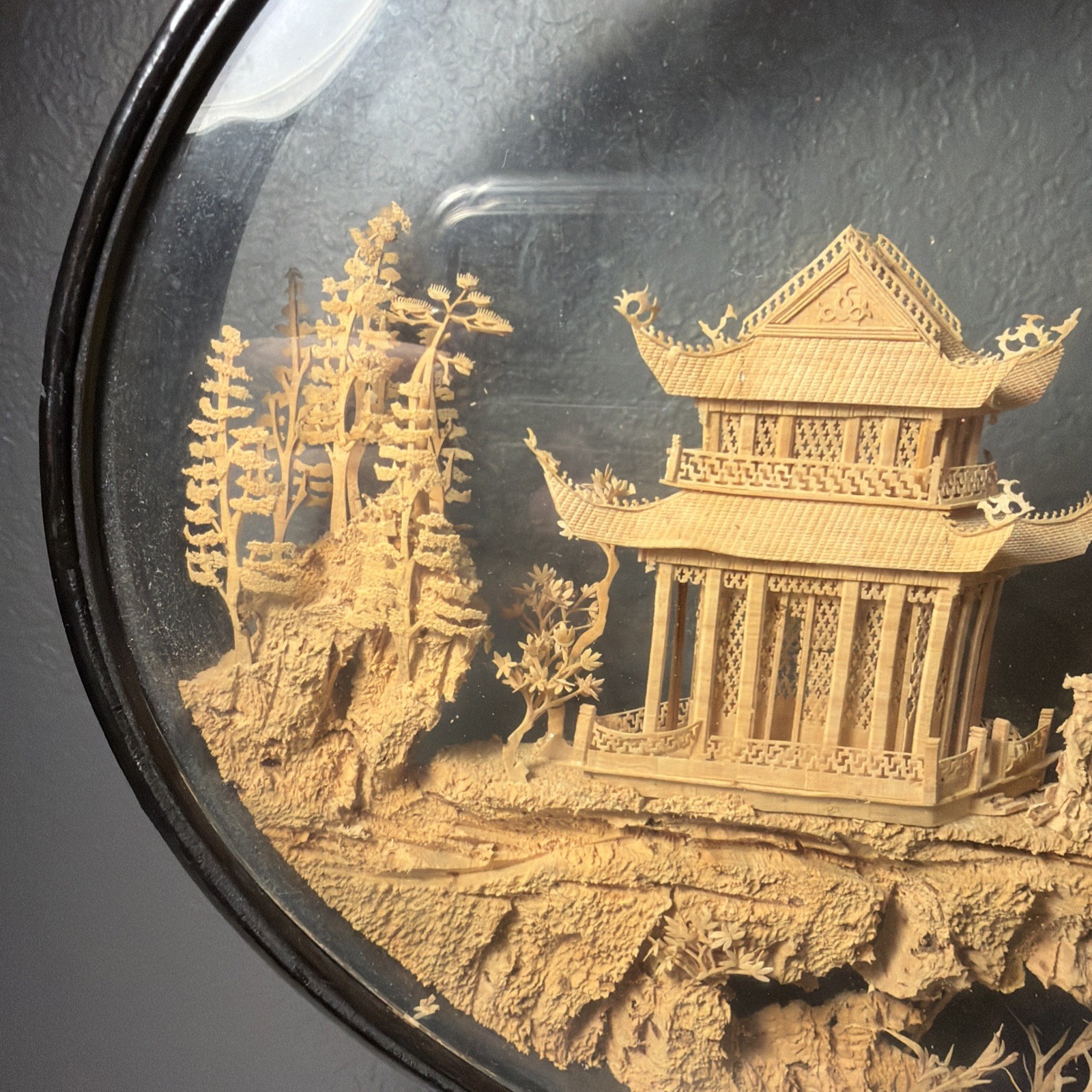 VTG Chinese Hand Carved Cork Diorama Shadow Box Asian Art Pagoda Cranes Trees