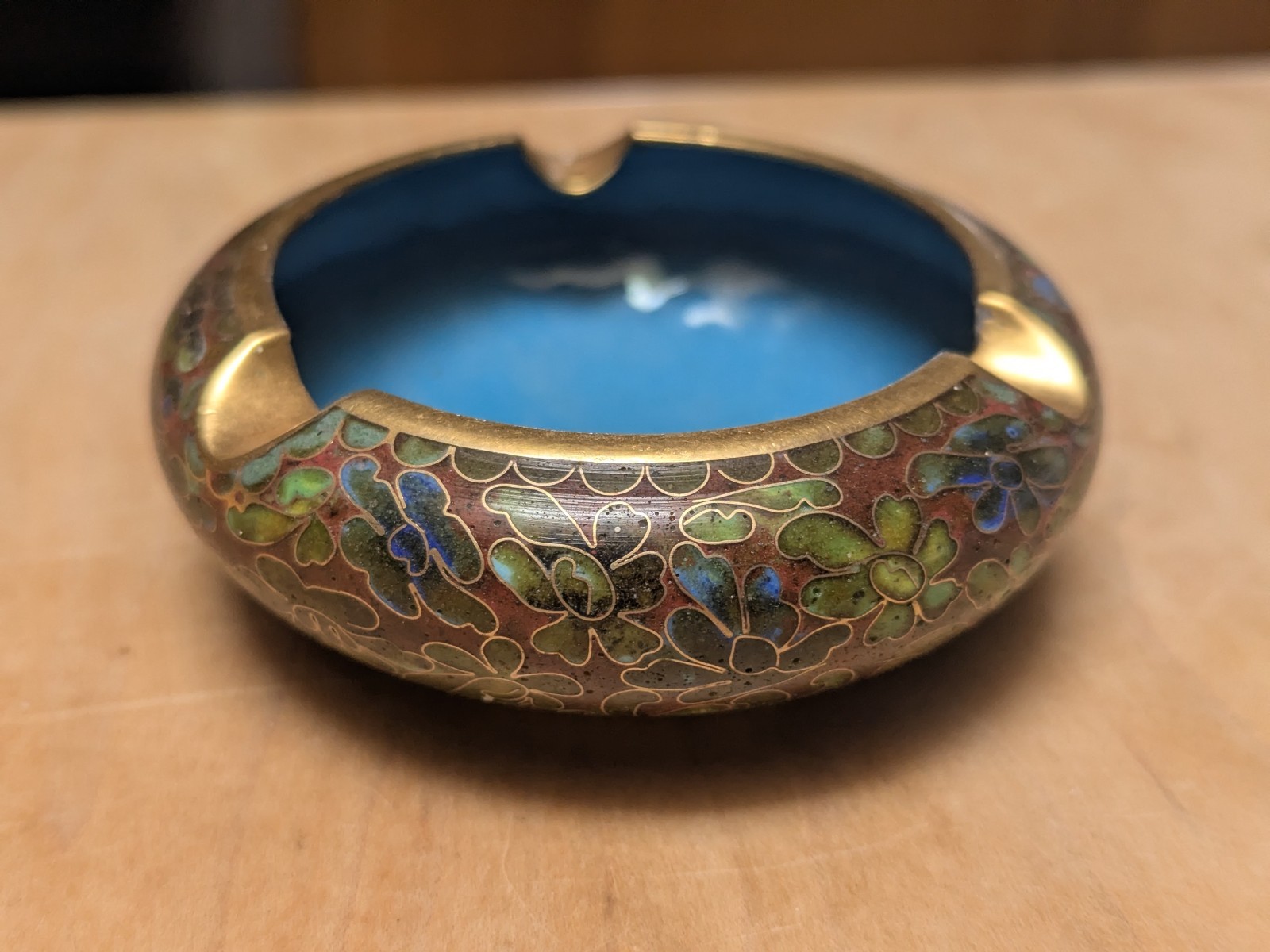 Vintage Chinese Ashtray 5″ Enamel Blue Cloisonné Gold