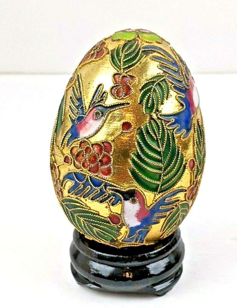 Large 4″ Enamel Egg Hummingbirds & Flowers Chinese Cloisonne Gold Metal Brass