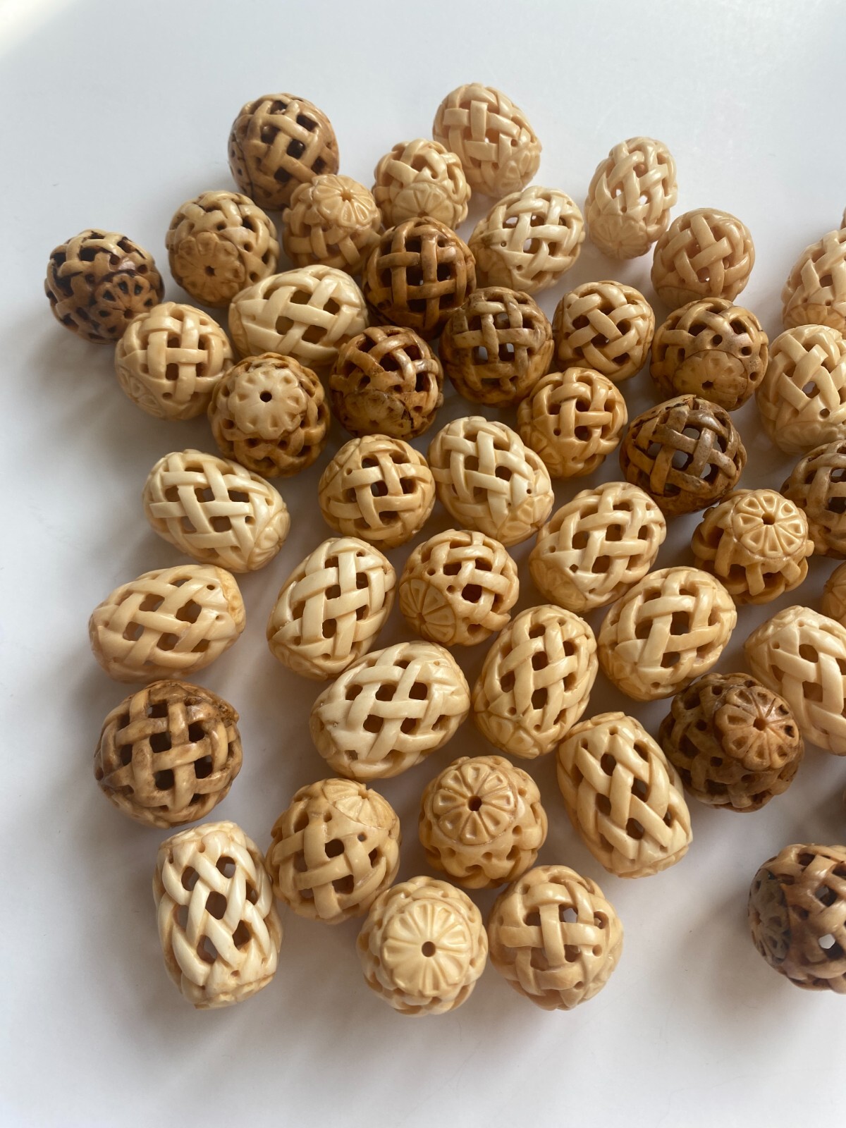 Vintage Hand-Carved Asian Lattice Beads Bovine Bone Lot of 54