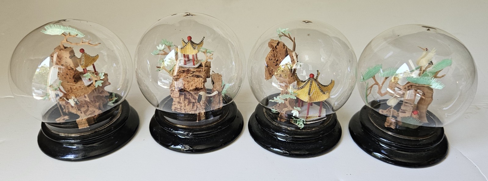 Chinese Cork Sculpture, Wooden Base and in Glass Dome, 4 pcs set, 3 x 2.5 inches