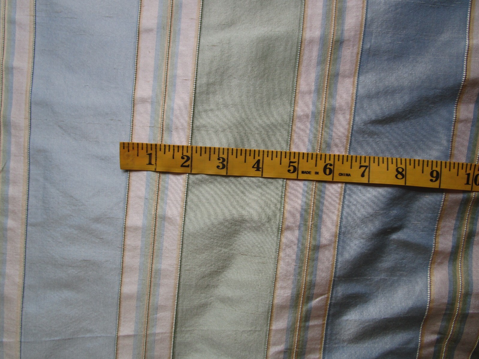 Pale Green Sky Blue Silk Fabric Yellow Beige Stripe raised detail 12.86Yds