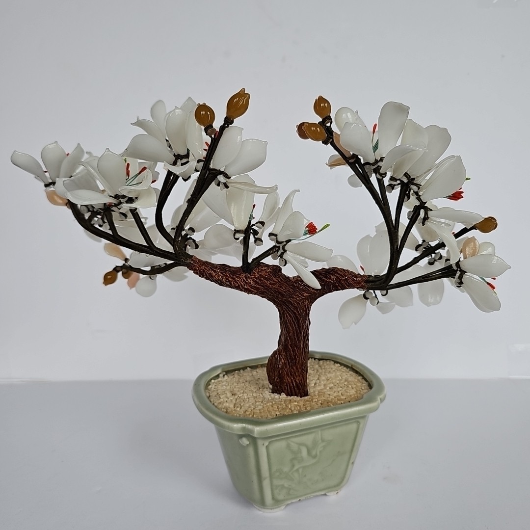 14″ Vintage Bonsai Tree Glass White Flower Blossom in Celadon Pot Handmade 1697