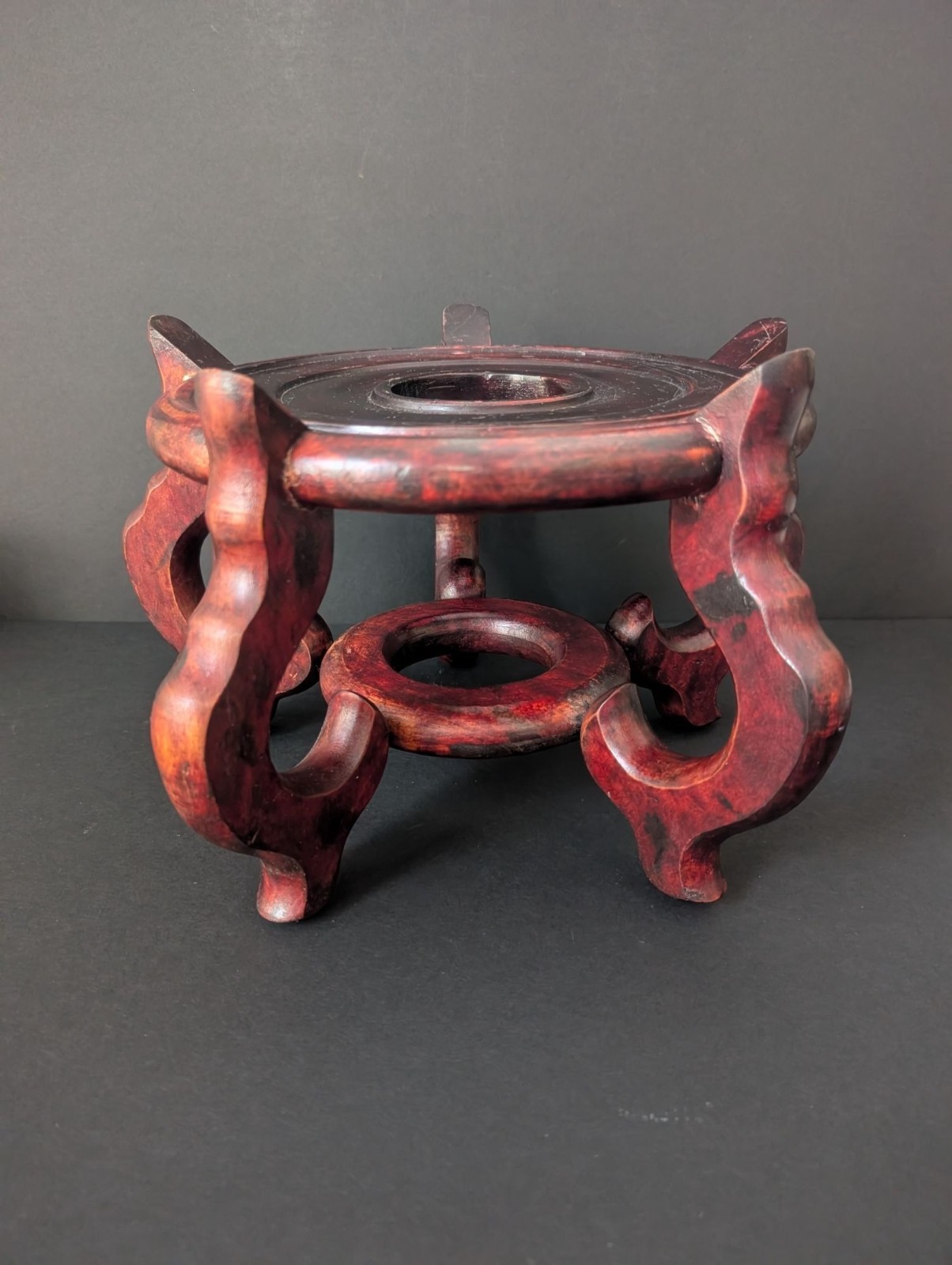 Vtg Asian Wood Fish Bowl Stand Oriental Display Base Plant Pot Holder 8.25″ High