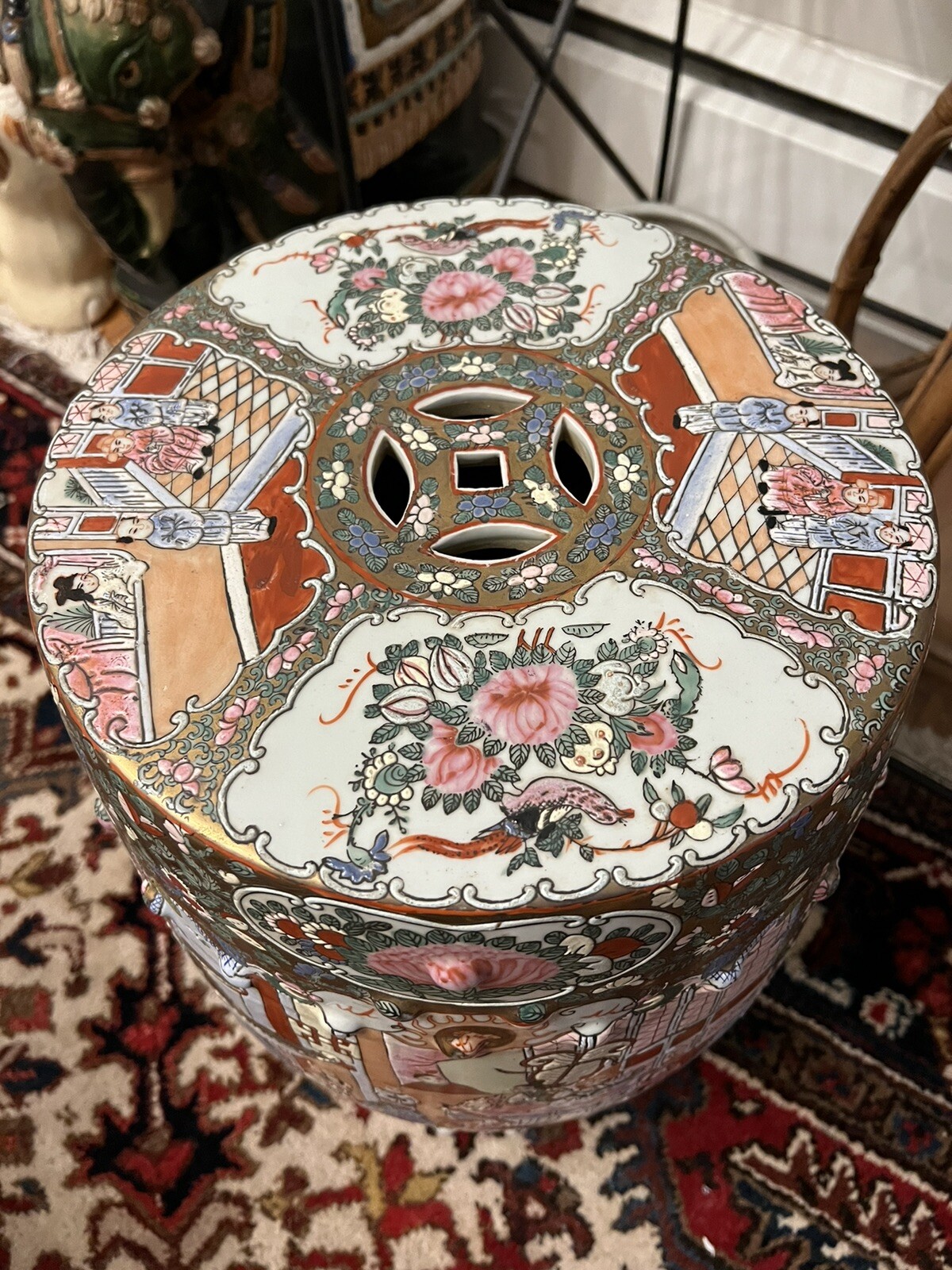vintage rose medallion famille Porcelain garden stool seat chinoiserie Chinese