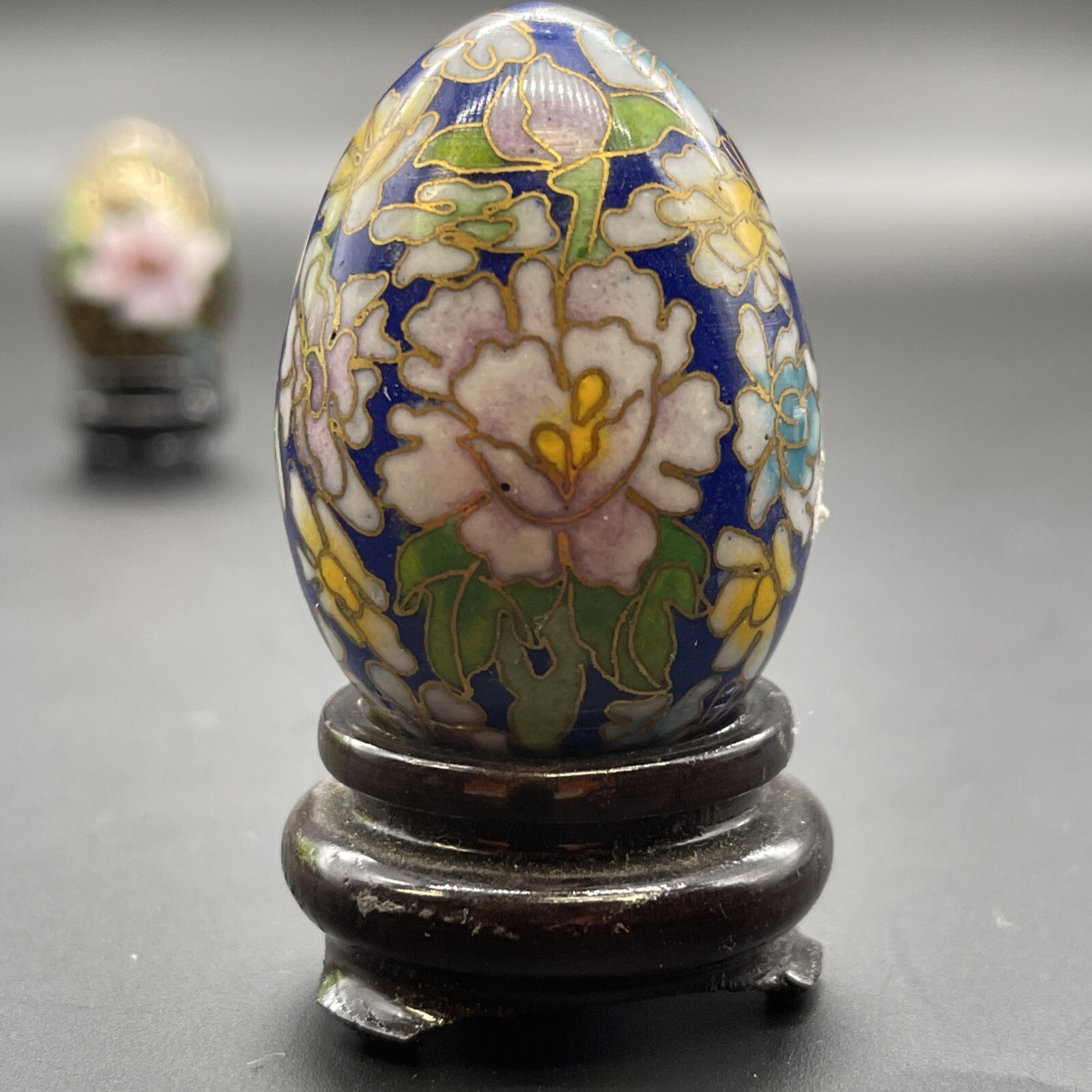 Cloisonné Eggs & Wooden Stands Floral Multicolor & Gold Design Small