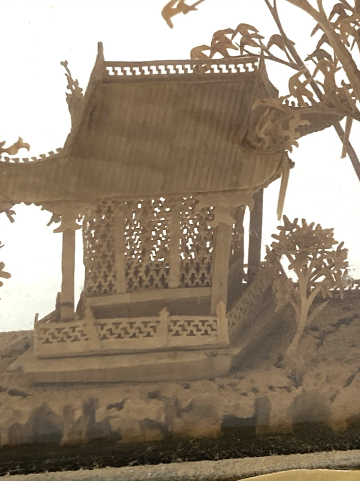 Chinese Cork Art Village Scene Cranes Glass Frame Wood Stand Vintage READ
