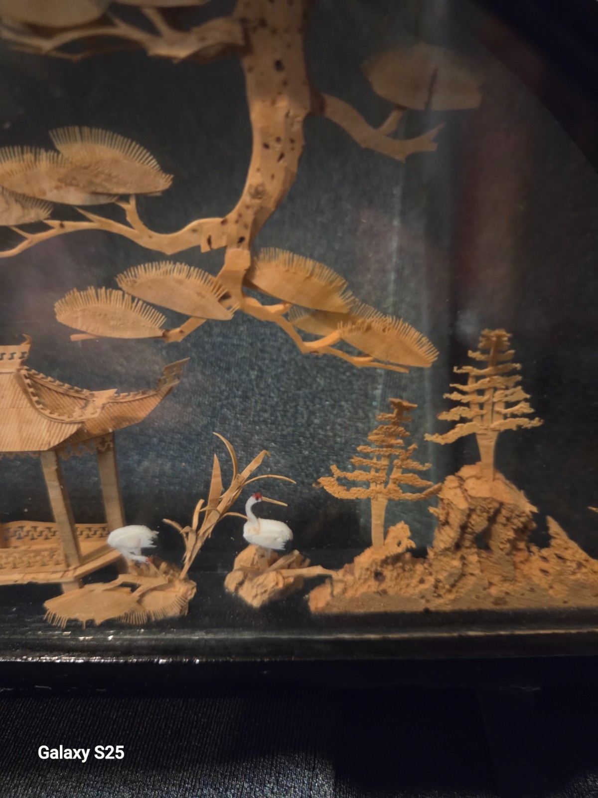 Vintage Chinese Cork Art Diorama Cranes Pagoda Trees Hand Carved in Glass Case
