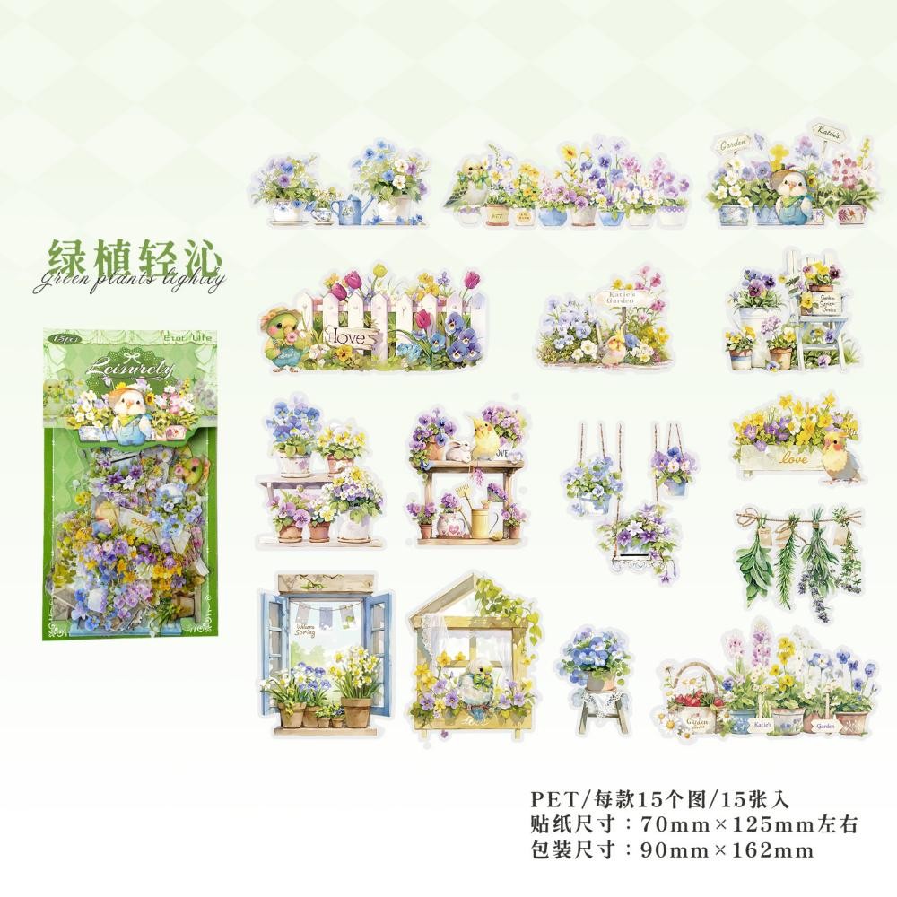 15Pcs PET Stickers Cute Scenes Journaling Planner Scrapbooking Crafts Art Decals
