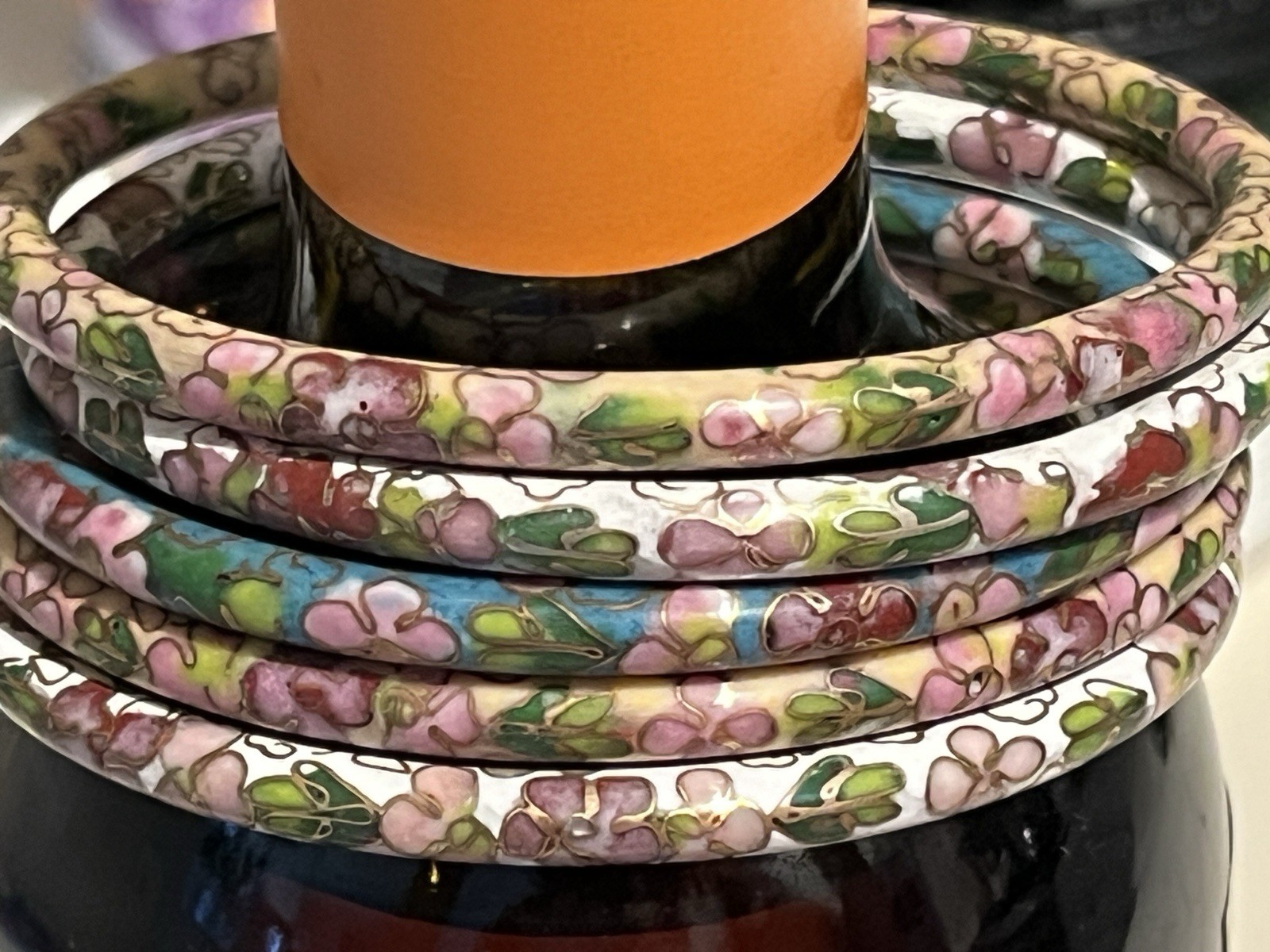 (9) Vintage c. 1987 Chinese Cloisonné Bangle Bracelets Floral Multicolor