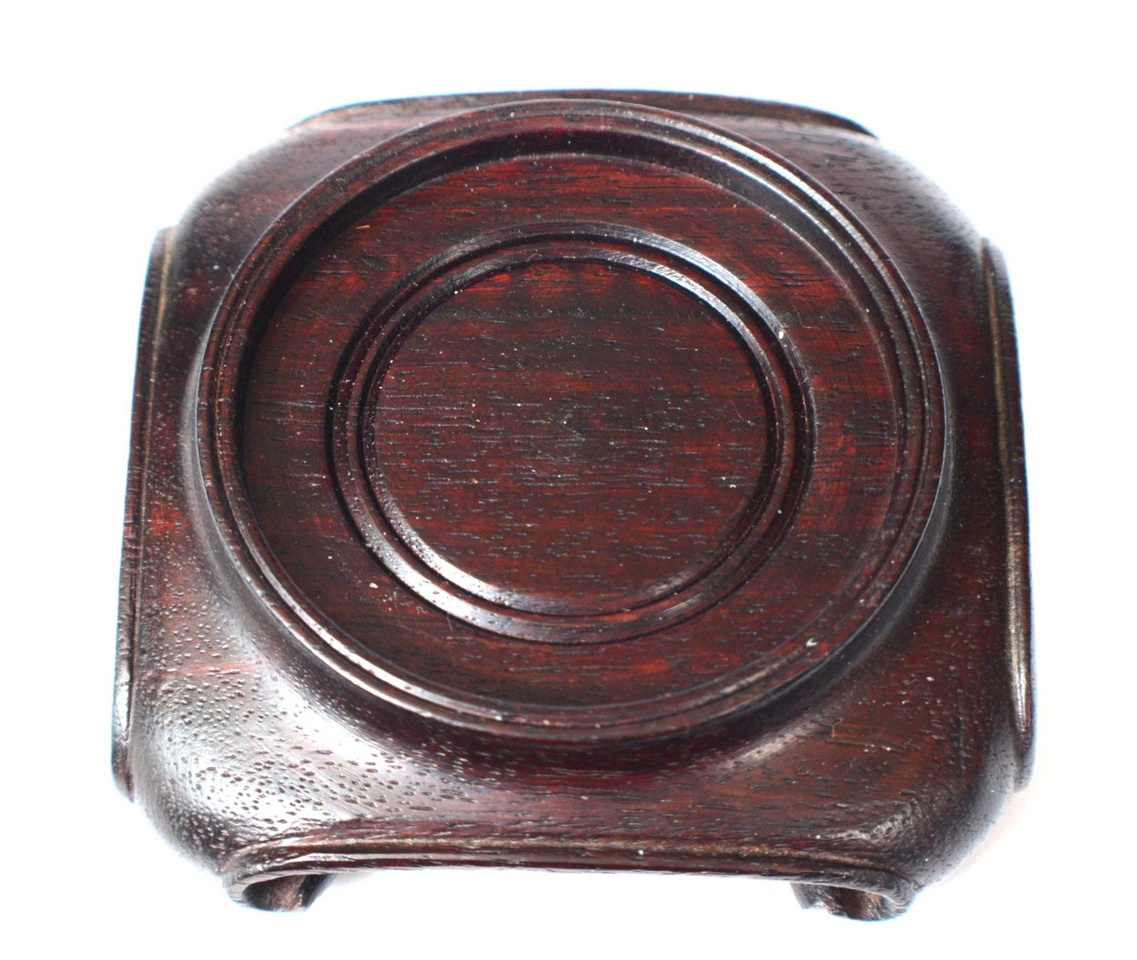 Vintage Chinese Round Brown Wood Stand w/Square Scroll base 2 1/2″ diam top S30