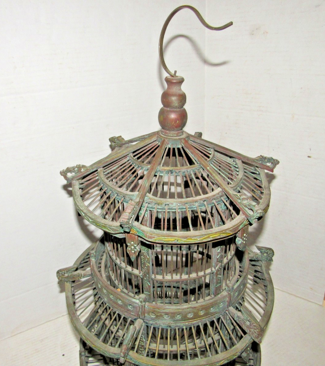 Vintage Chinese Wood Carved Pagoda Bird Cage, Oriental Geisha, Round