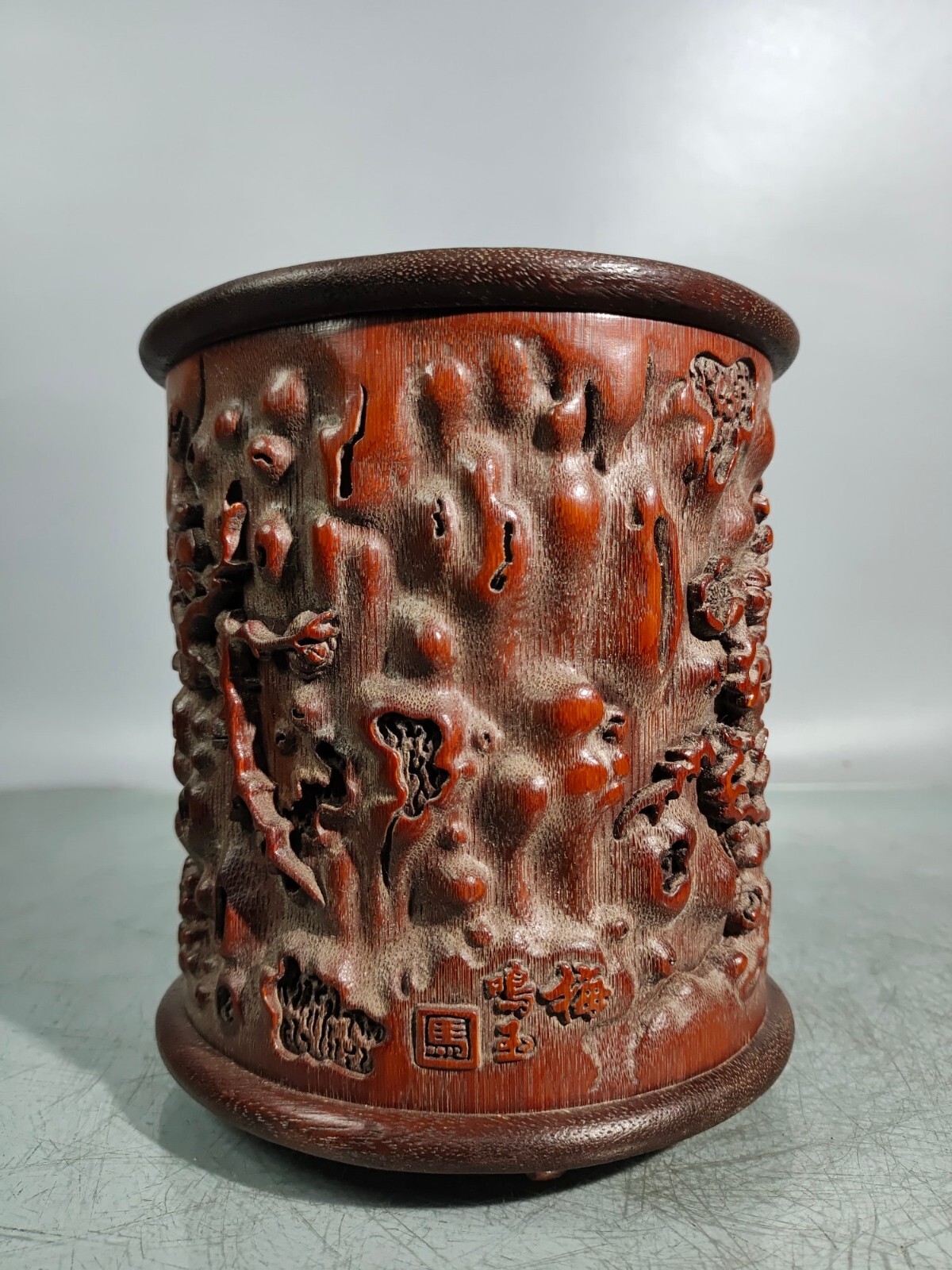 16cm china handmade carved plum blossom Exquisite natural bamboo Pen Brush pot