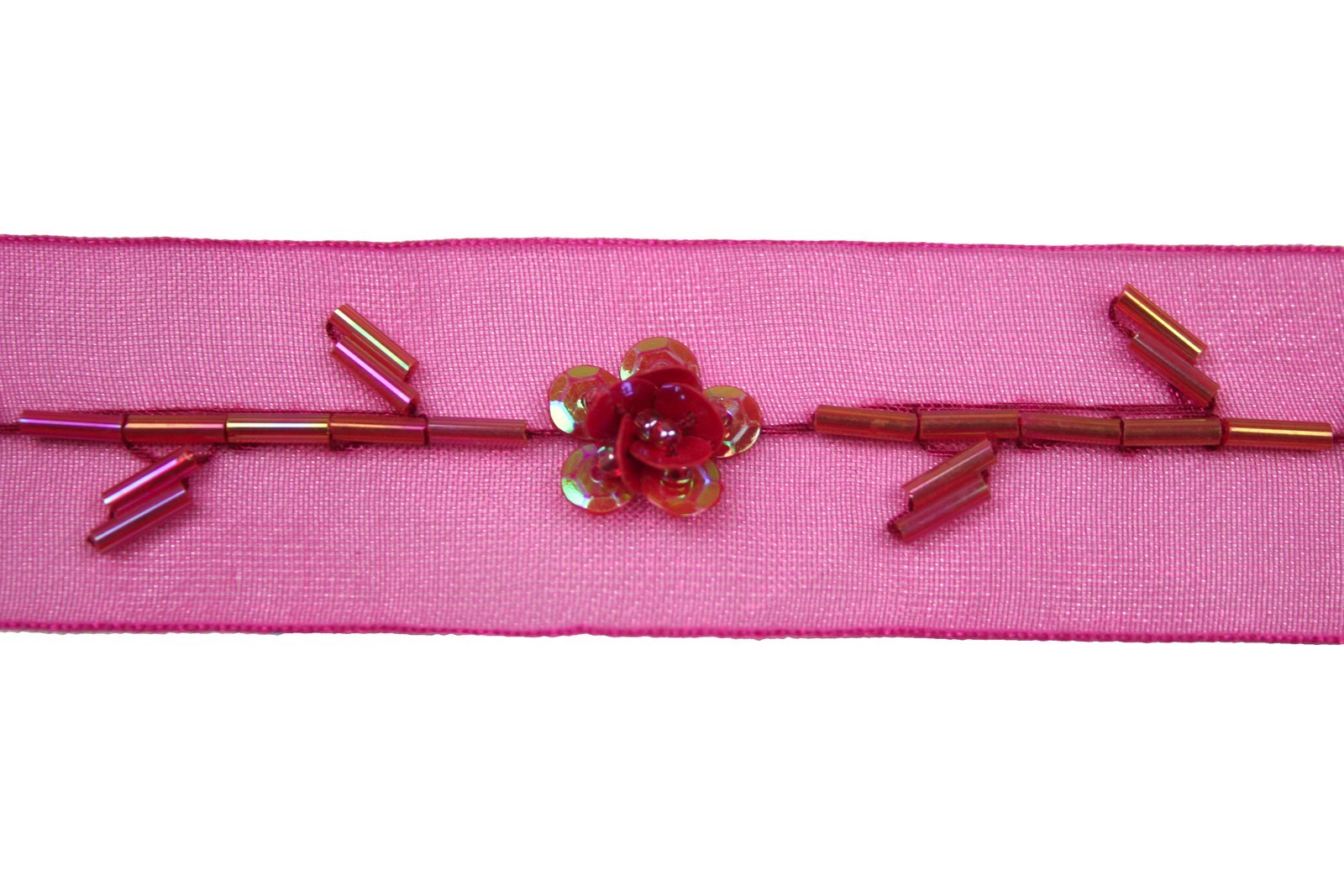 1″ Beaded Organza Ribbon Trim with Red Glass Bugle Beads, Sequins, Cylinders