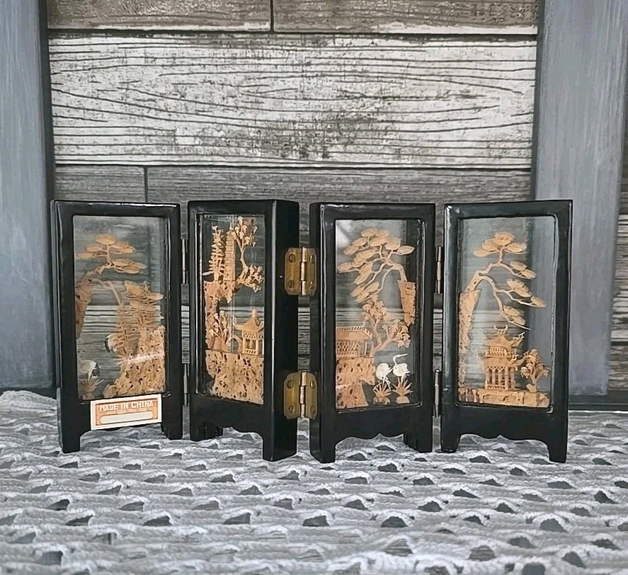 Vintage SAN YOU Cork Art Diorama 4 Scenes Paneled 4.5″ × 9.5″ × 3/4″ Chinese