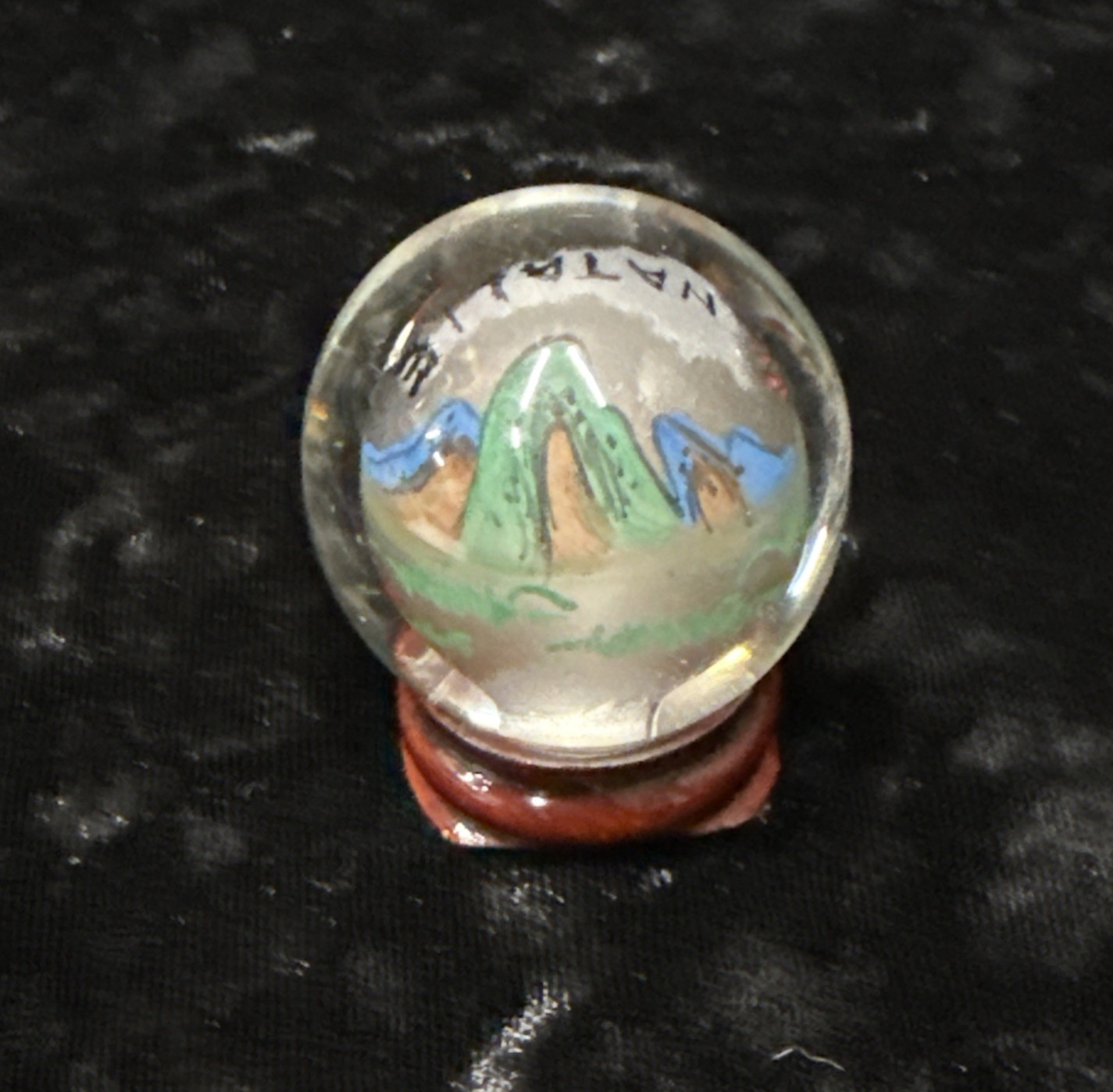 Chinese reverse painted Glass Ball Sphere Orb Horse w/Stand 1 3/4″ x 1 1/2″