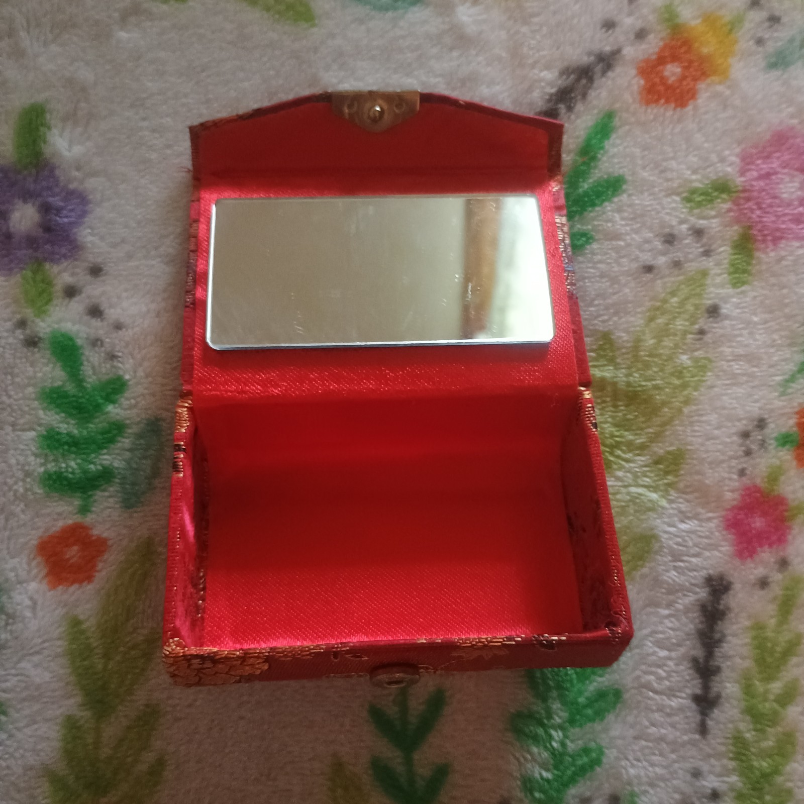 Chinese Red Silk Brocade Jewelry Box with Mirror