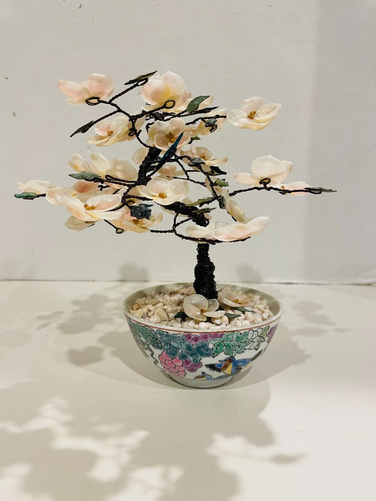 Chinese Pink Seashell & Green Glass 8″ Bonsai Tree in Cloisonné Pot