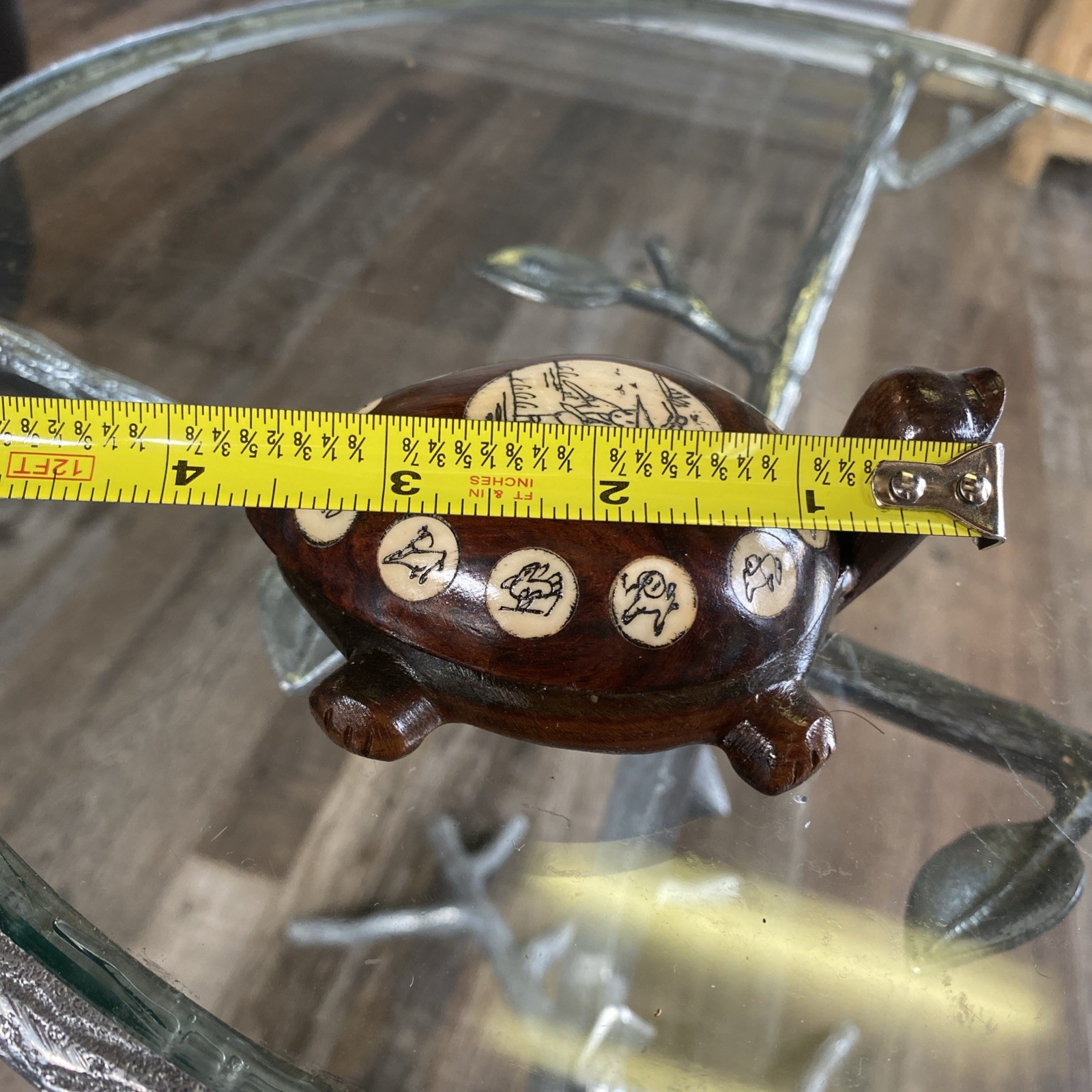 Vintage Carved Wood Turtle with Inlaid Chinese Zodiac Signs Opens to Compass 4”