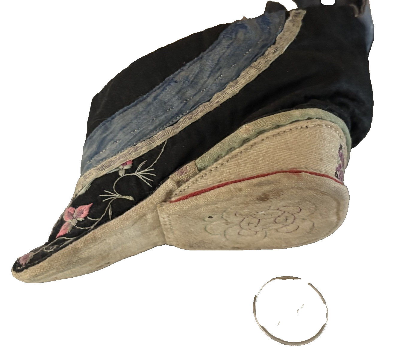 Antique Chinese 19th Cen Qing Dynasty Silk Embroidered Lotus Bound Foot Shoe 4″