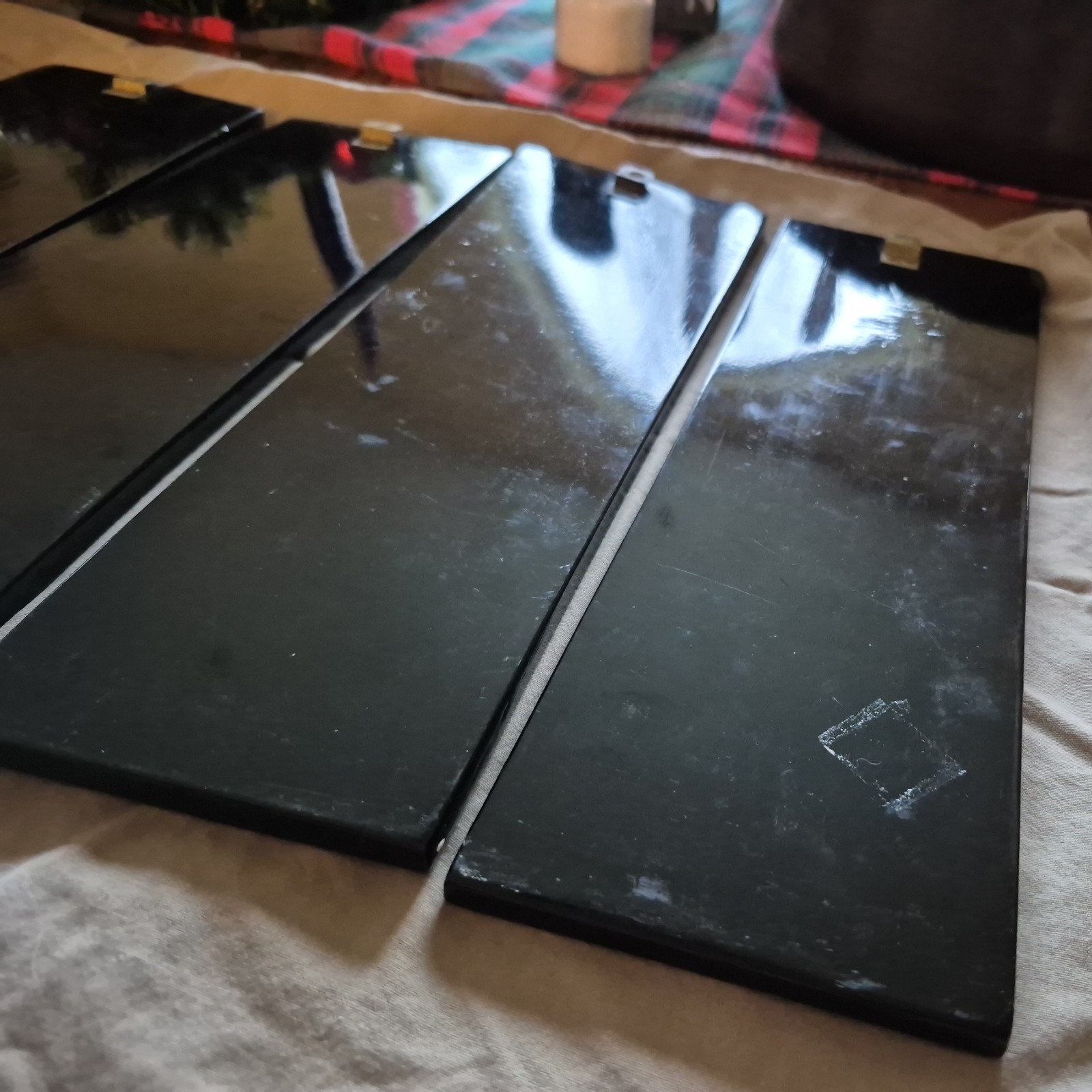 4 Vintage Asian Vietnamese Hand Painted Black Lacquer Wall Art Plaque Panels
