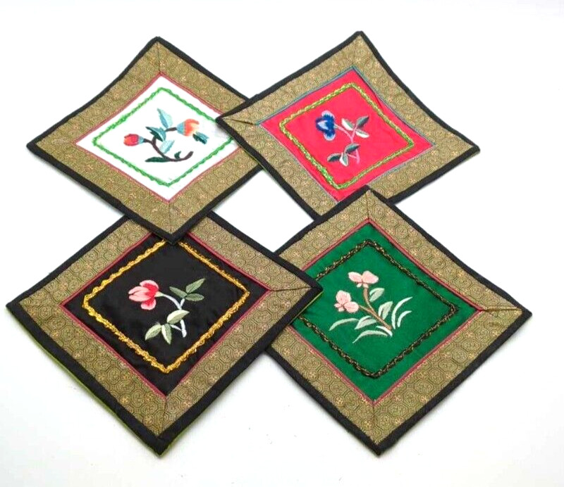 Vintage Chinese Silk Hand Embroidered Flower 5.5″ Unframed Panels Set of 4