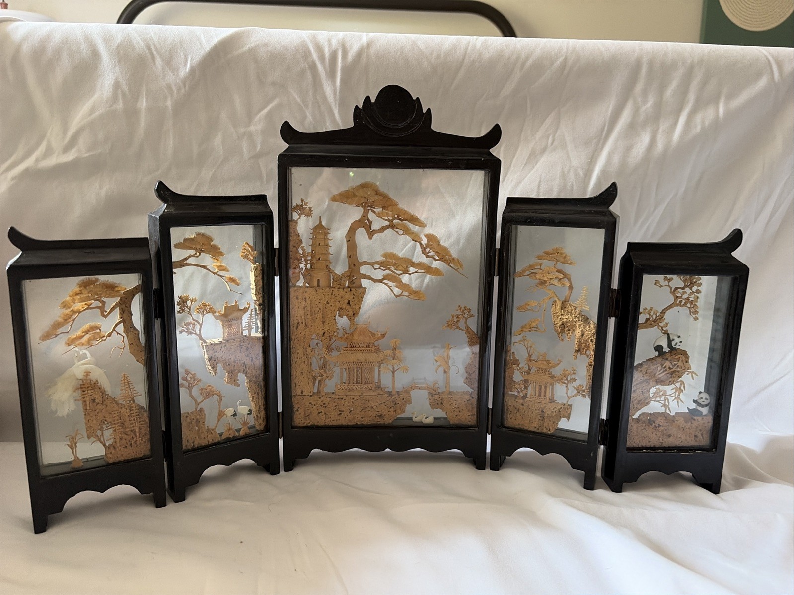 Chinese Carved Cork Nature Scenes 5 Panel Pandas Ducks Cranes Pagodas