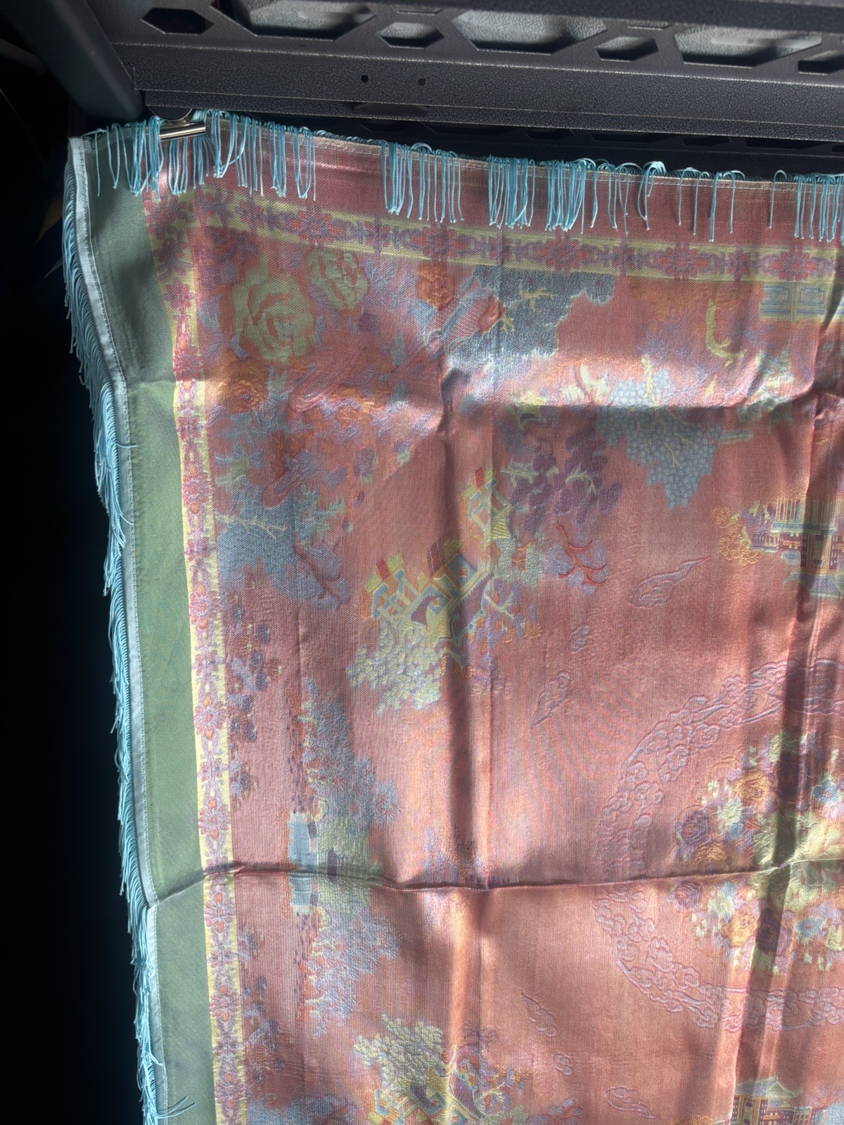 Vintage Silk Brocaded Flowers China Tapestry Table Cloth Box Bright Blue Fringe