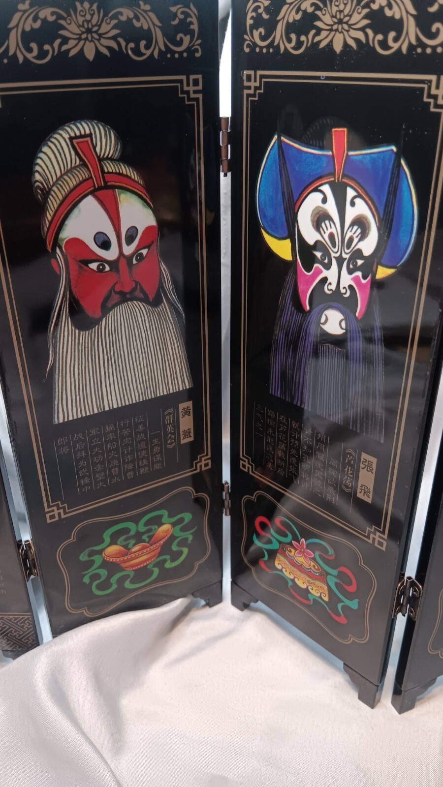 Miniature Black Lacquer 6-Panel Wooden Folding Screen Asian Peking Opera Masks