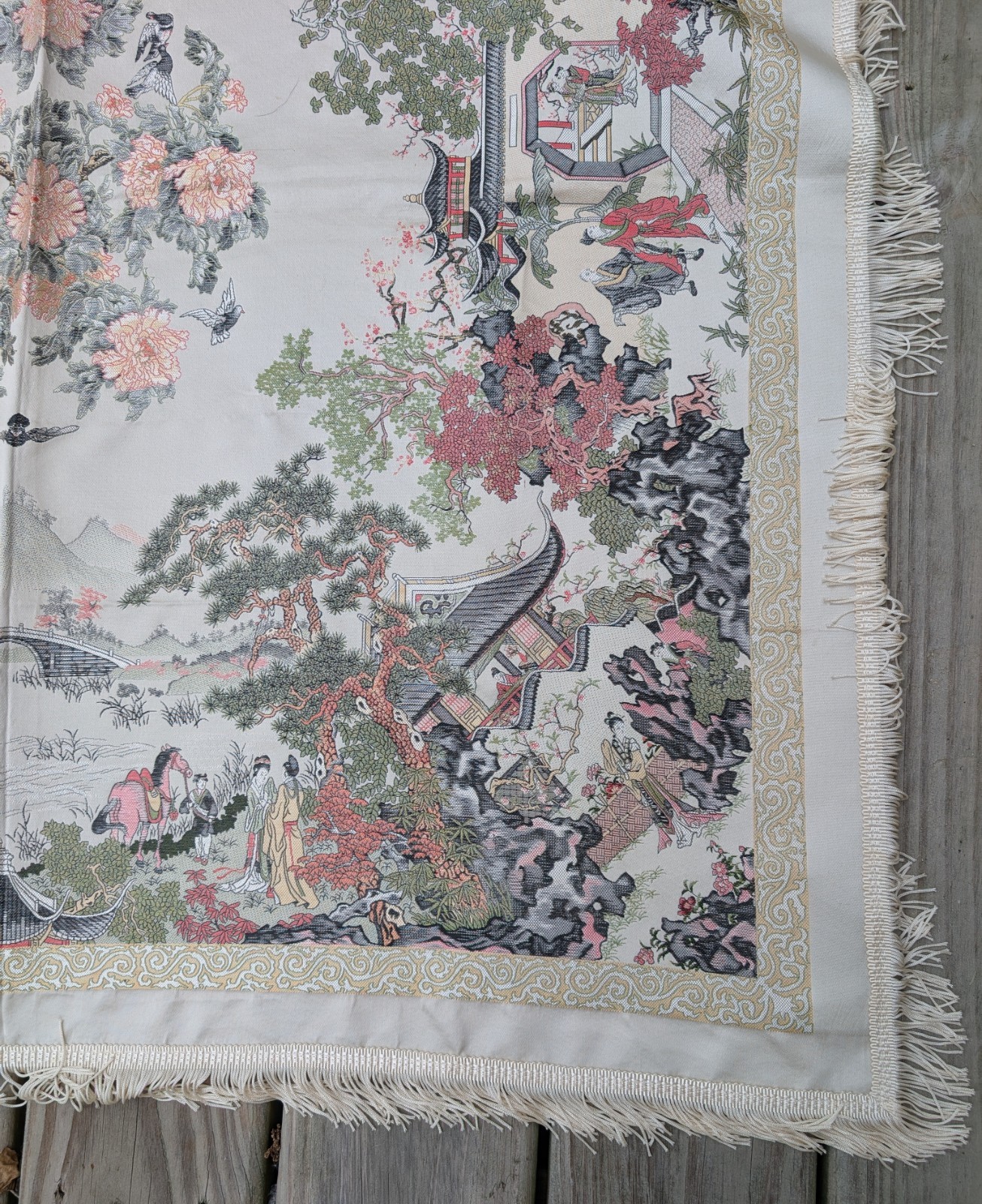 Vtg Chinese Silk Tapestry Tablecloth Fringe 37×37 Chinoiserie by Brocaded Flower