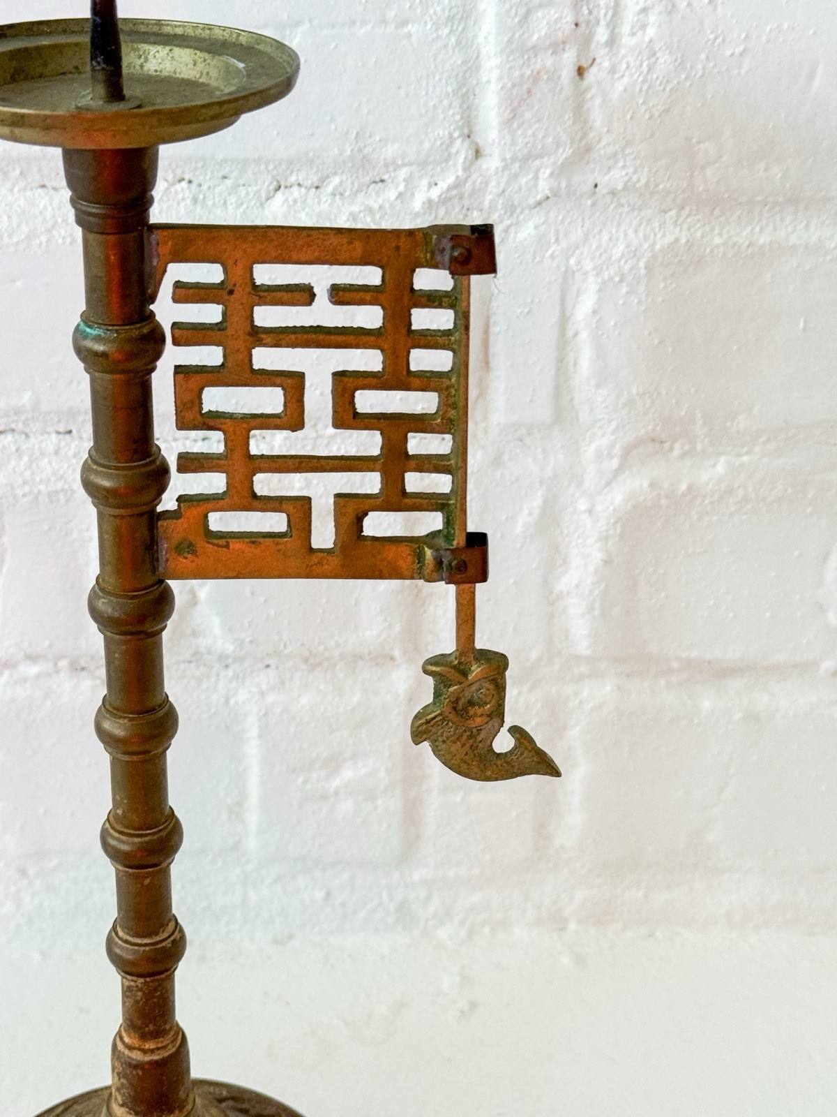Antique Chinese Brass Altar Candlestick Qing Style Symbol Long Life Good Fortune
