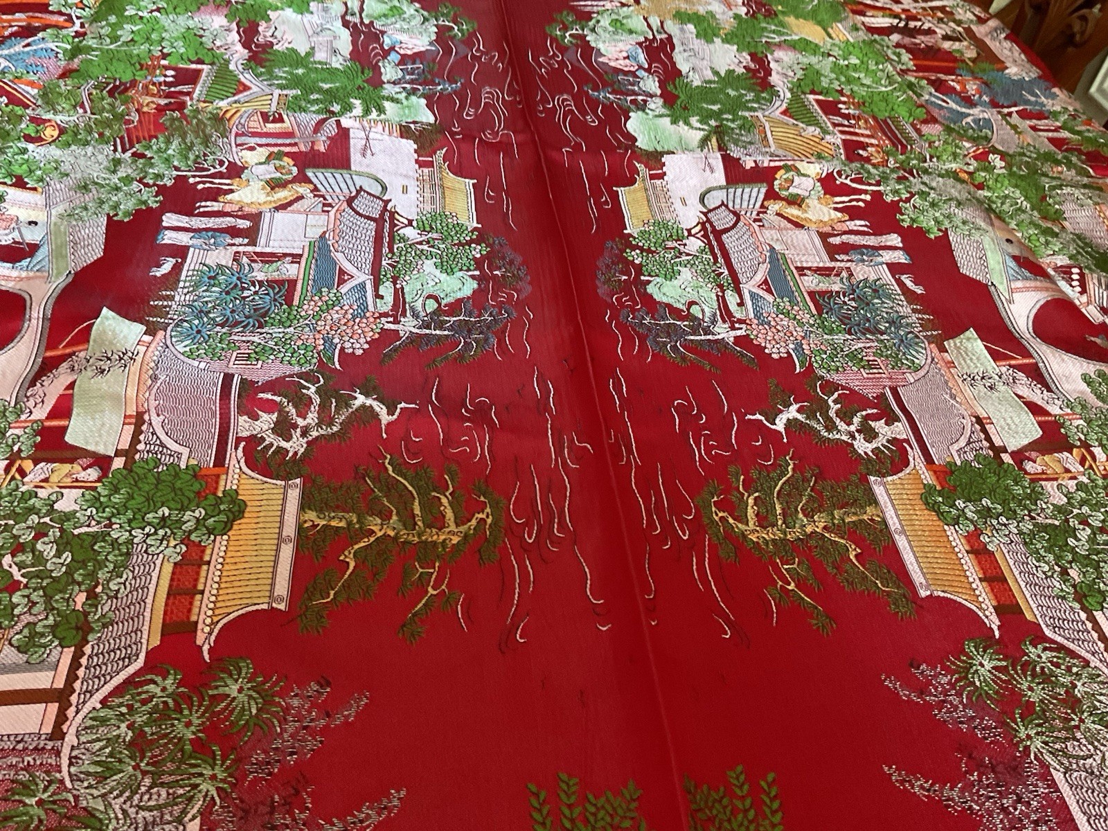Vintage Brocaded Flowers brand Chinese Red Silk Tapestry Tablecloth 80″x54″