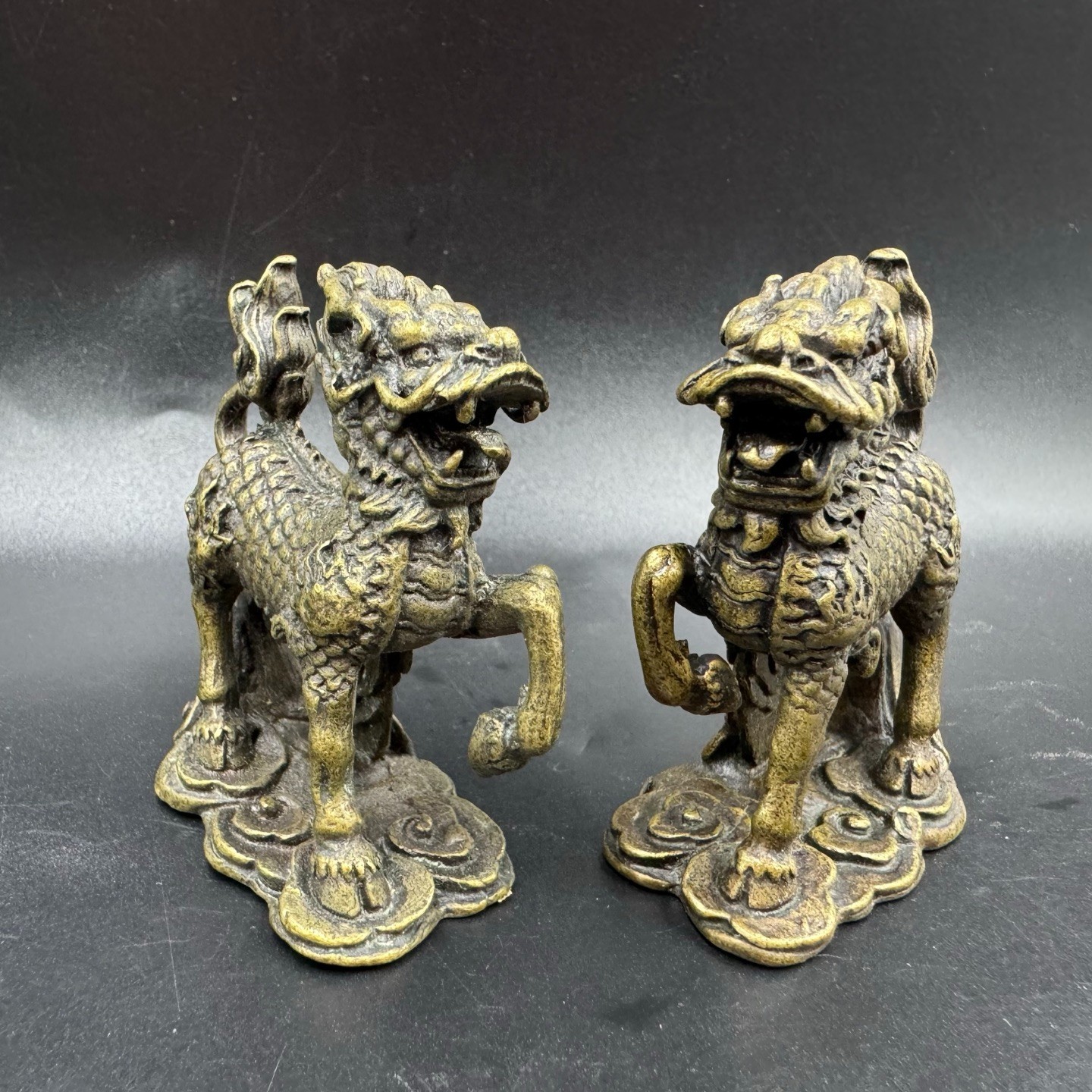 Vintage Brass Qilin Kirin Mini Statues Feng Shui Wealth Protection Desk Ornament
