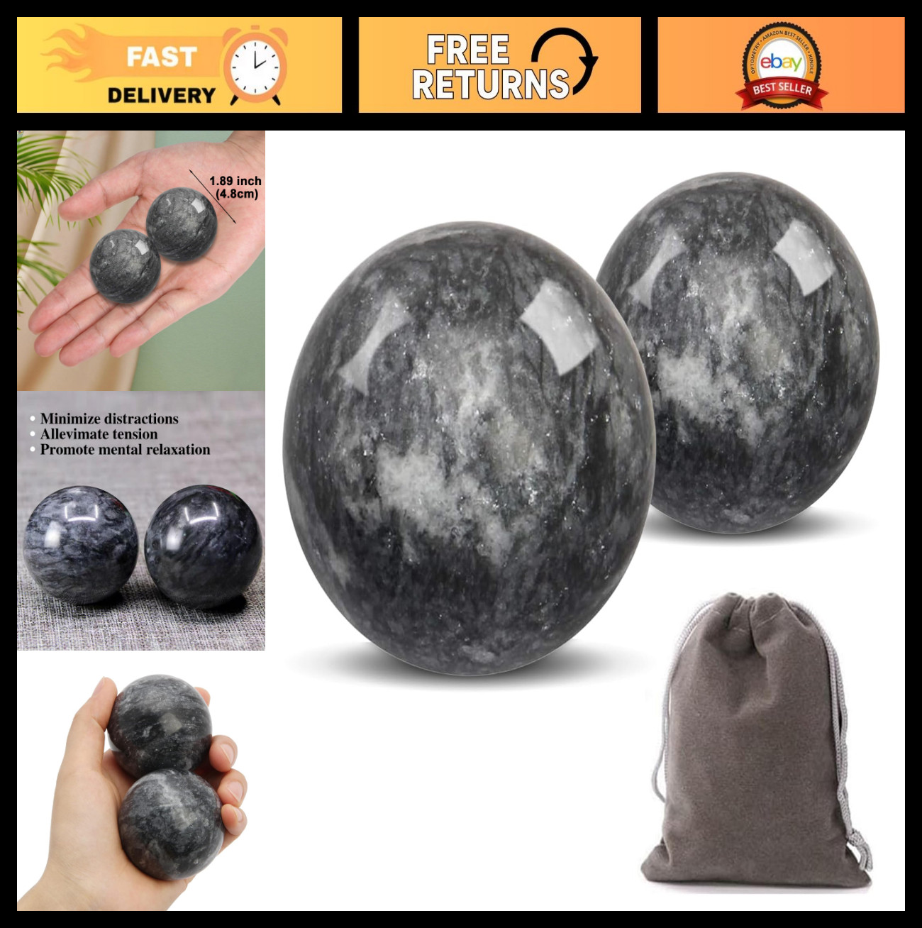 Marble Baoding Balls for Stress Relief – Traditional Chinese Exercise Set, 2-Pie