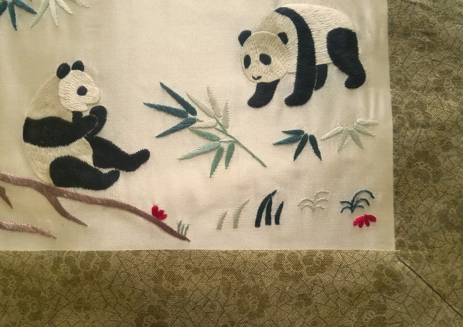 Chinese Embroidered Pandas and Bamboo Picture on Silk, Circa 2001