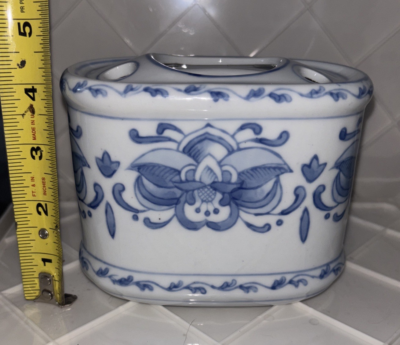 Blue and White Floral Chinoiserie Flower Frog Toothbrush Vase Porcelain Planter