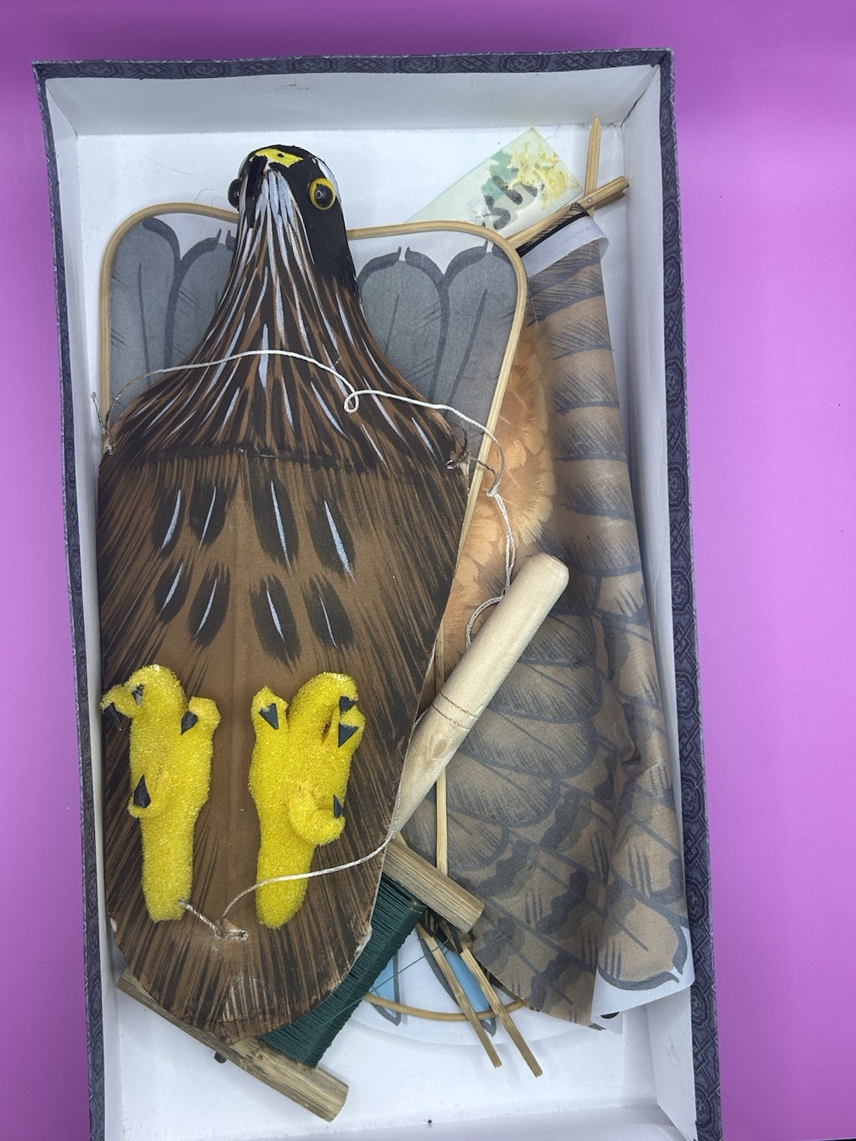 Vintage Chinese Silk & Bamboo Eagle Bird of Prey Kite with Box 36″ wingspan Rare