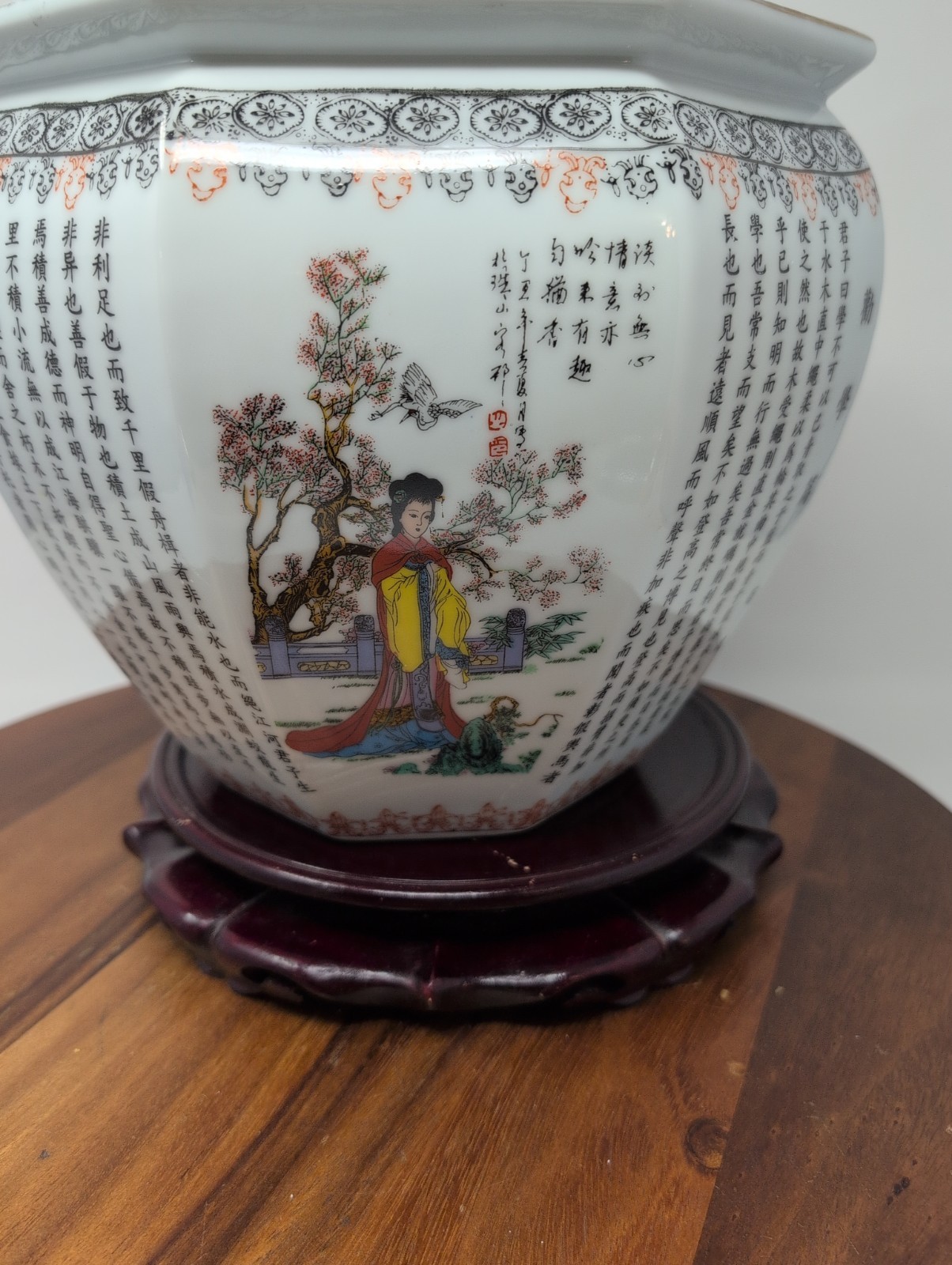 Asian Hexagonal Porcelain Planter 9.25″ By 9″ Tall Women Butterflies Calligraph