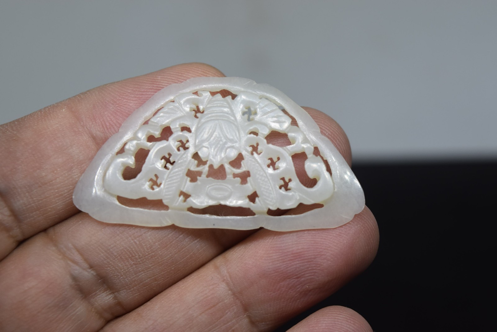 Antique Chinese Hand Carved White Celadon Jade Plaque
