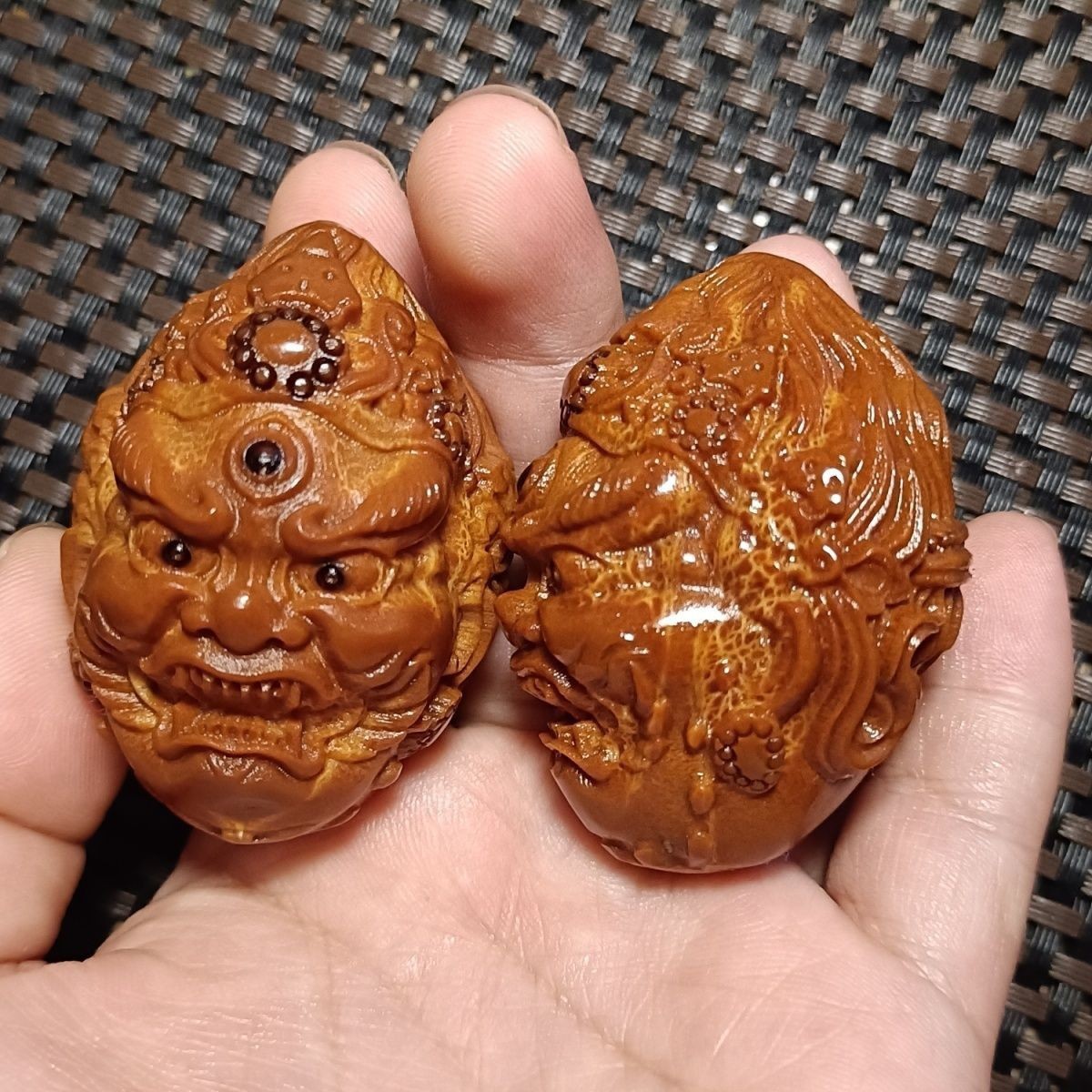 Vintage Brazilian Olive Nut Carved Mahakala Hand Balls Pair 3.5cm