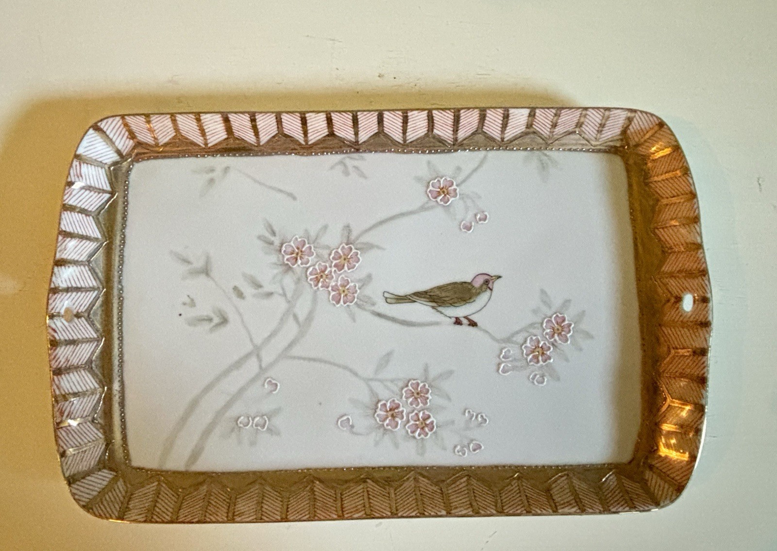 Ceramic Chinoiserie Vanity Tray w/ Hand Painted Cherry Blossoms & Songbirds